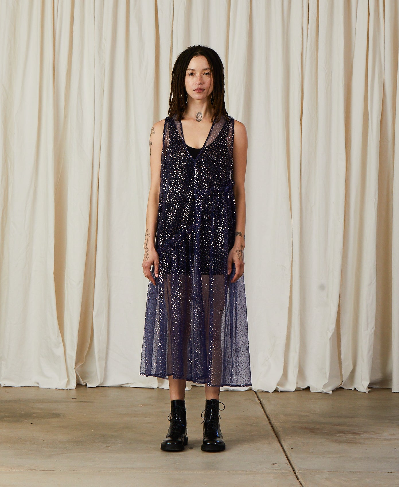 SAMPLE - NEW V-NECK DRESS W/ RUFFLES - BLUE/SILVER SEQUINS