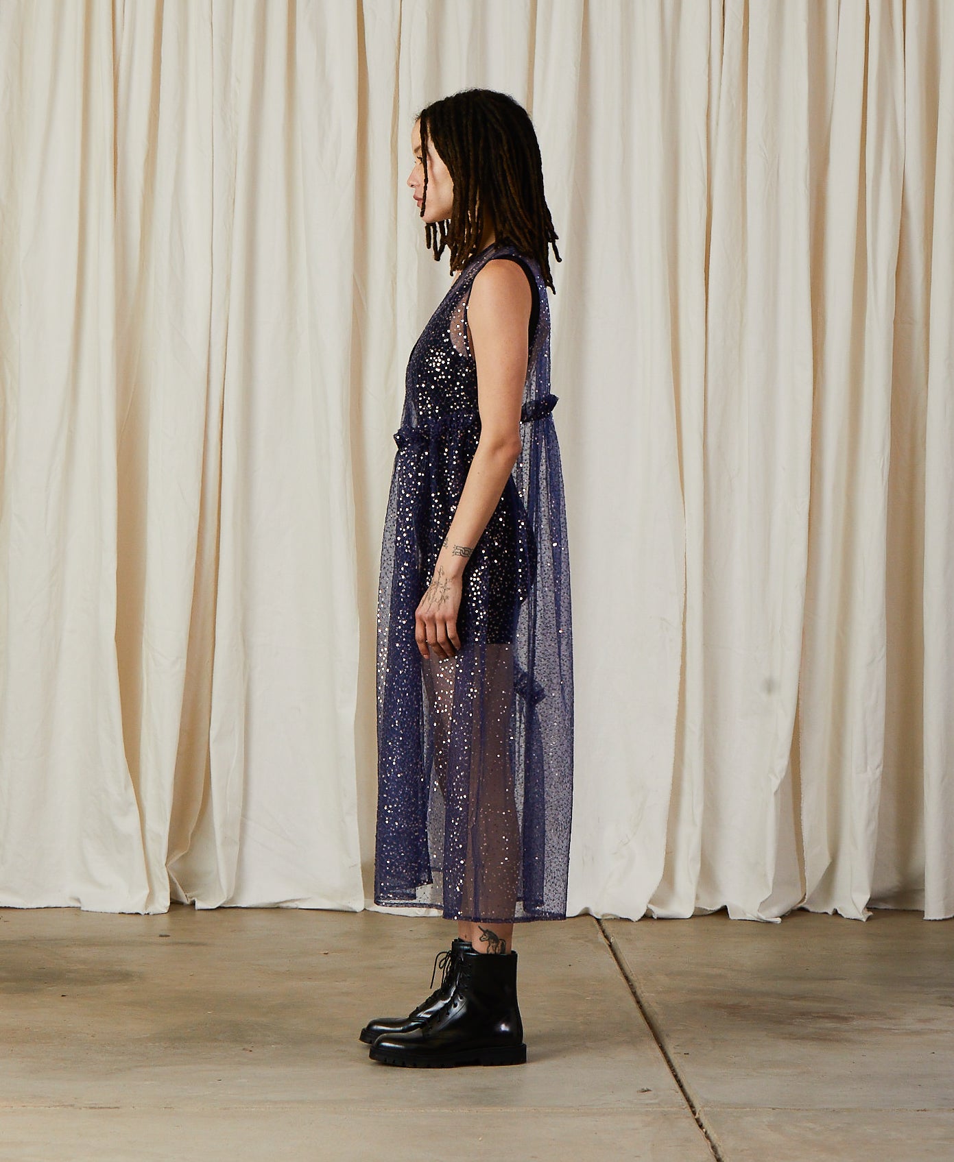 SAMPLE - NEW V-NECK DRESS W/ RUFFLES - BLUE/SILVER SEQUINS