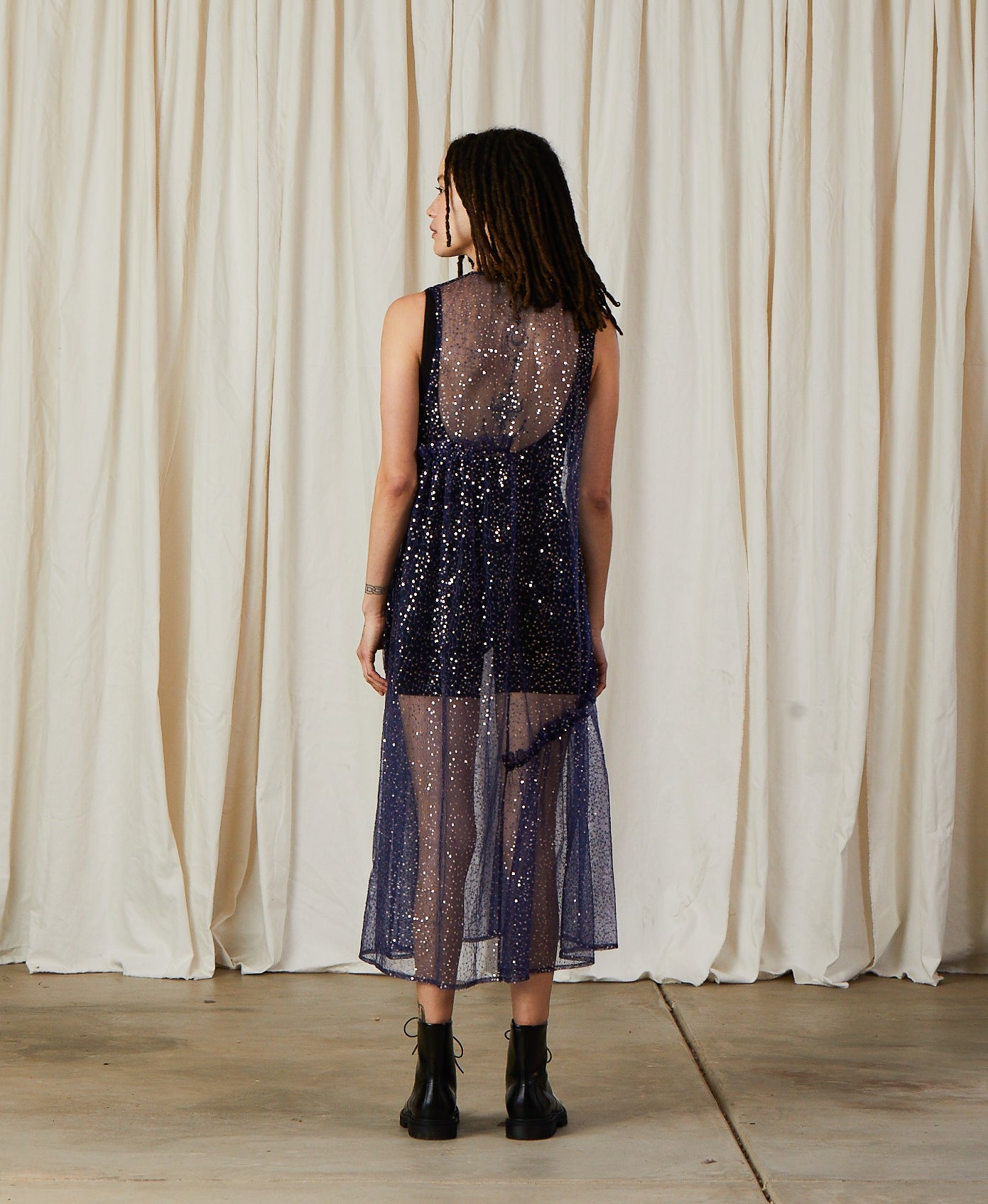 SAMPLE - NEW V-NECK DRESS W/ RUFFLES - BLUE/SILVER SEQUINS