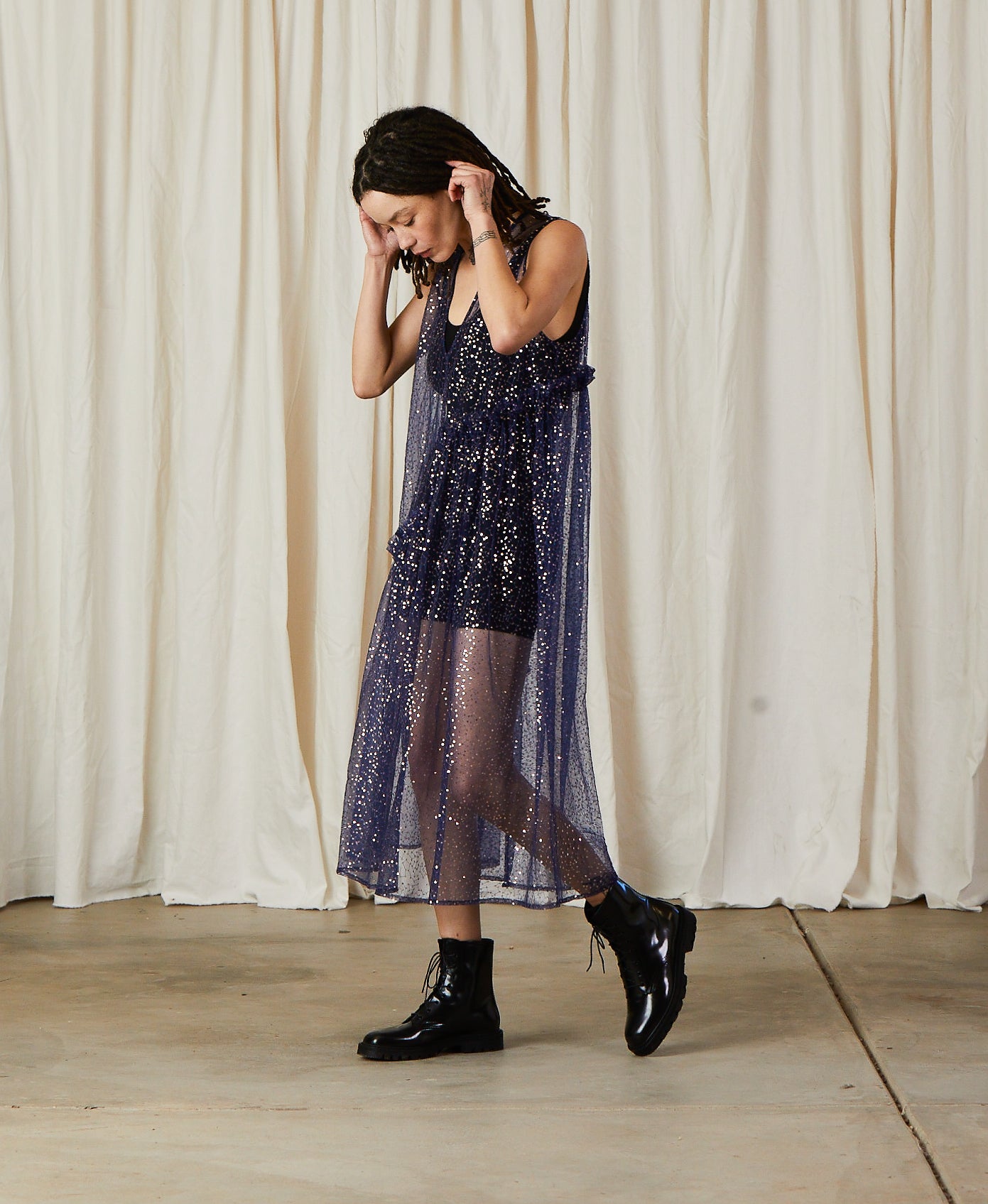 SAMPLE - NEW V-NECK DRESS W/ RUFFLES - BLUE/SILVER SEQUINS