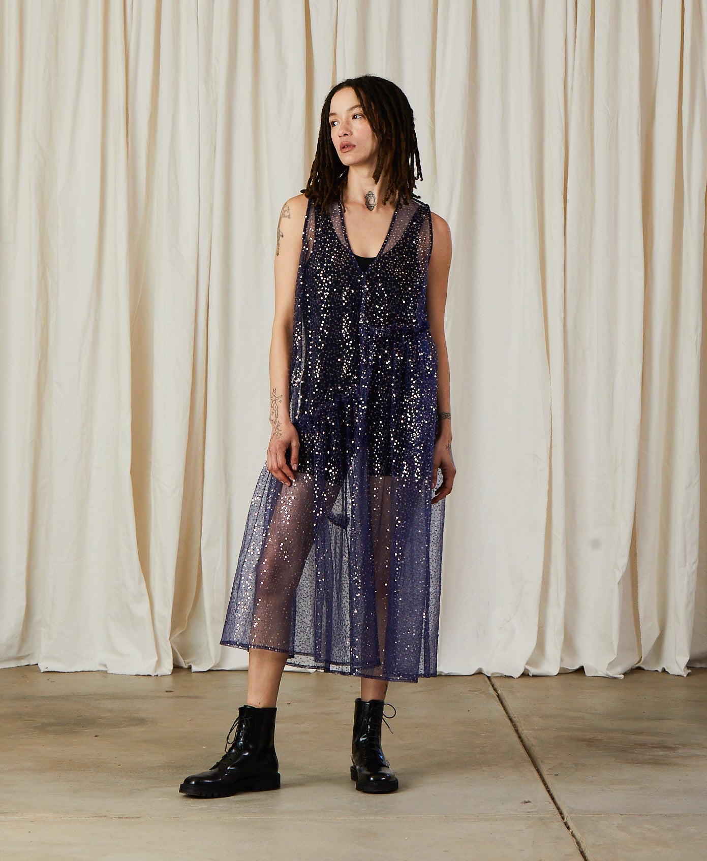 SAMPLE - NEW V-NECK DRESS W/ RUFFLES - BLUE/SILVER SEQUINS