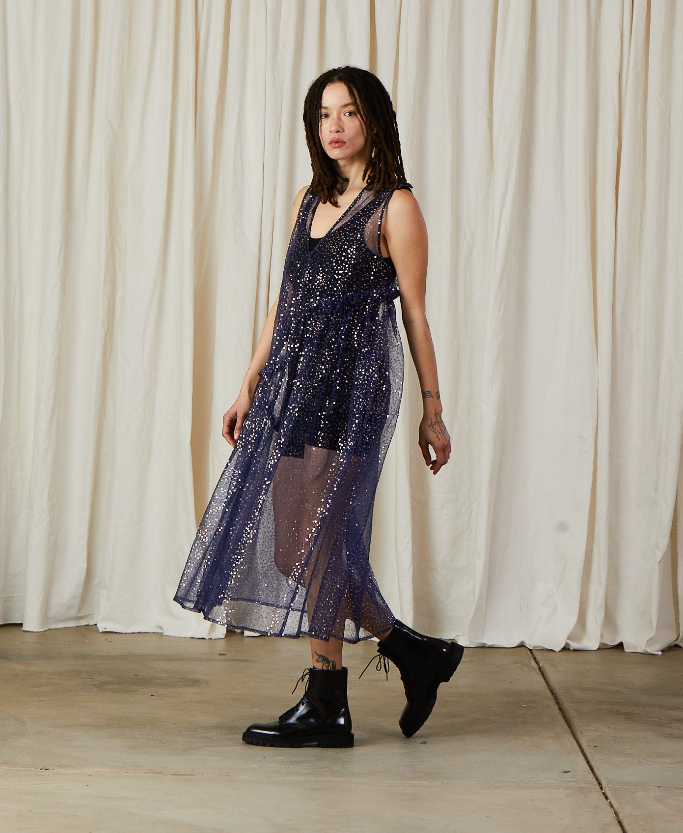 SAMPLE - NEW V-NECK DRESS W/ RUFFLES - BLUE/SILVER SEQUINS