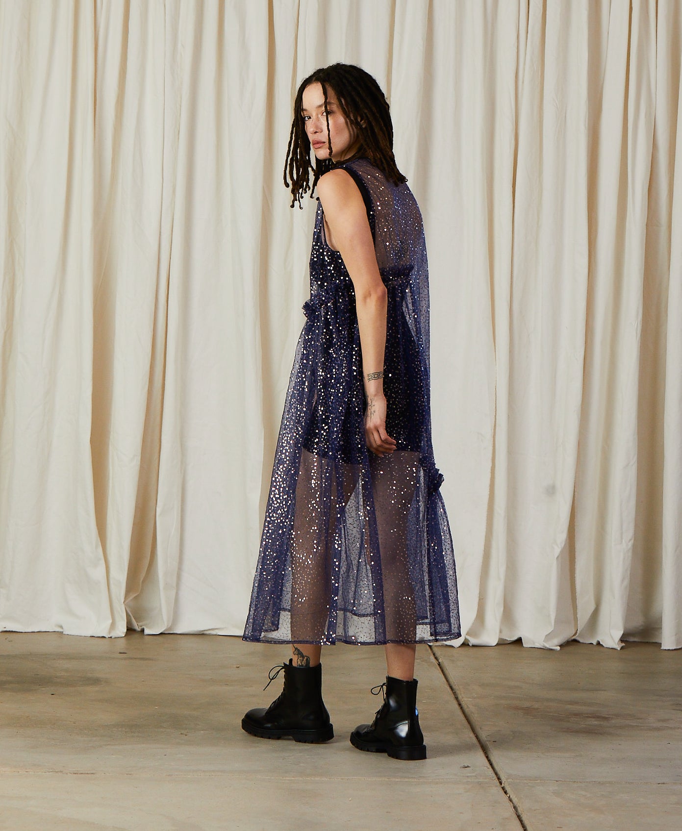 SAMPLE - NEW V-NECK DRESS W/ RUFFLES - BLUE/SILVER SEQUINS