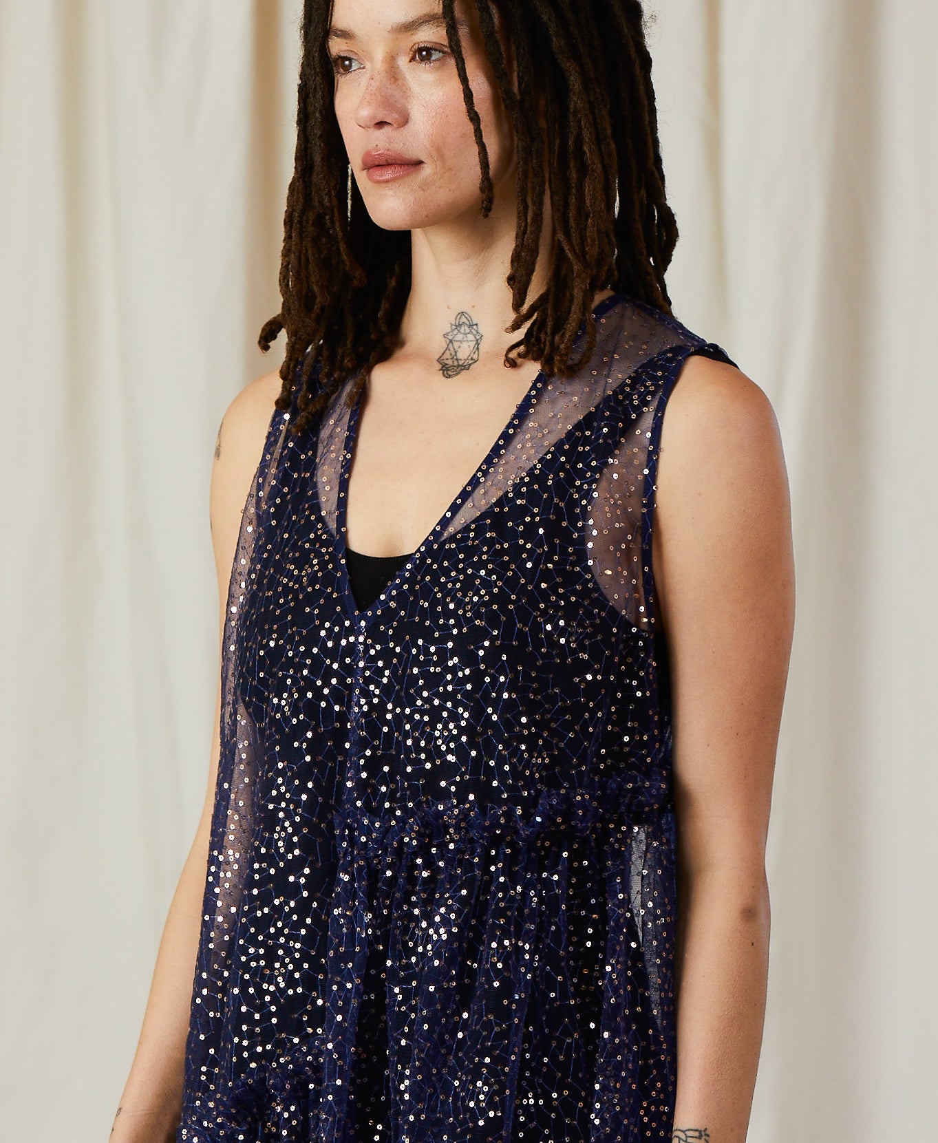SAMPLE - NEW V-NECK DRESS W/ RUFFLES - BLUE/SILVER SEQUINS