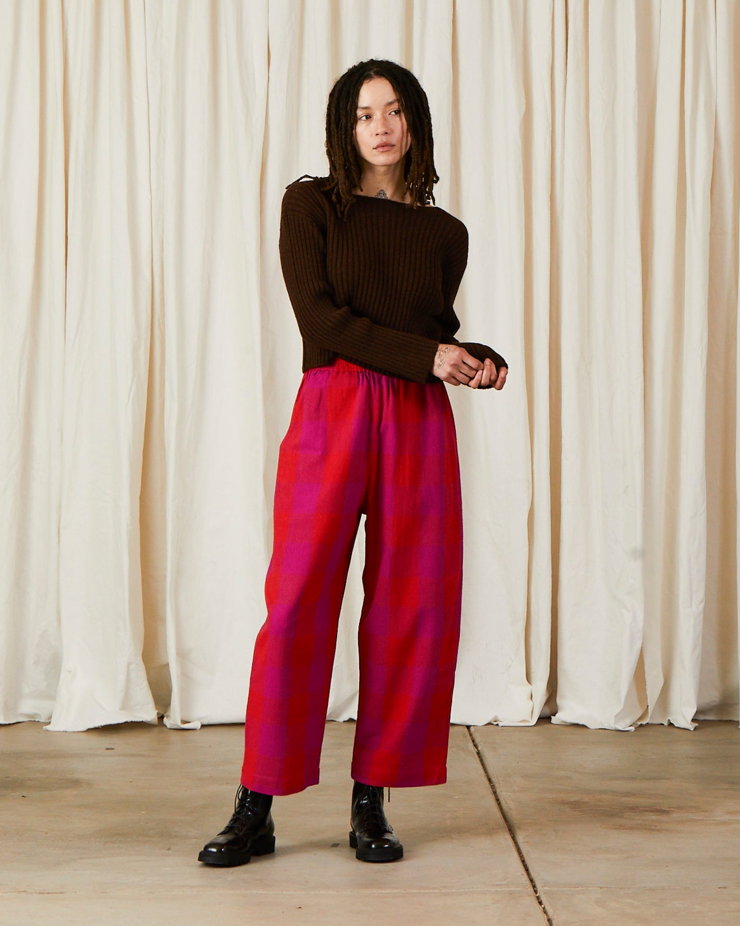 ELASTIC PANT - POPPY/PINK PLAID