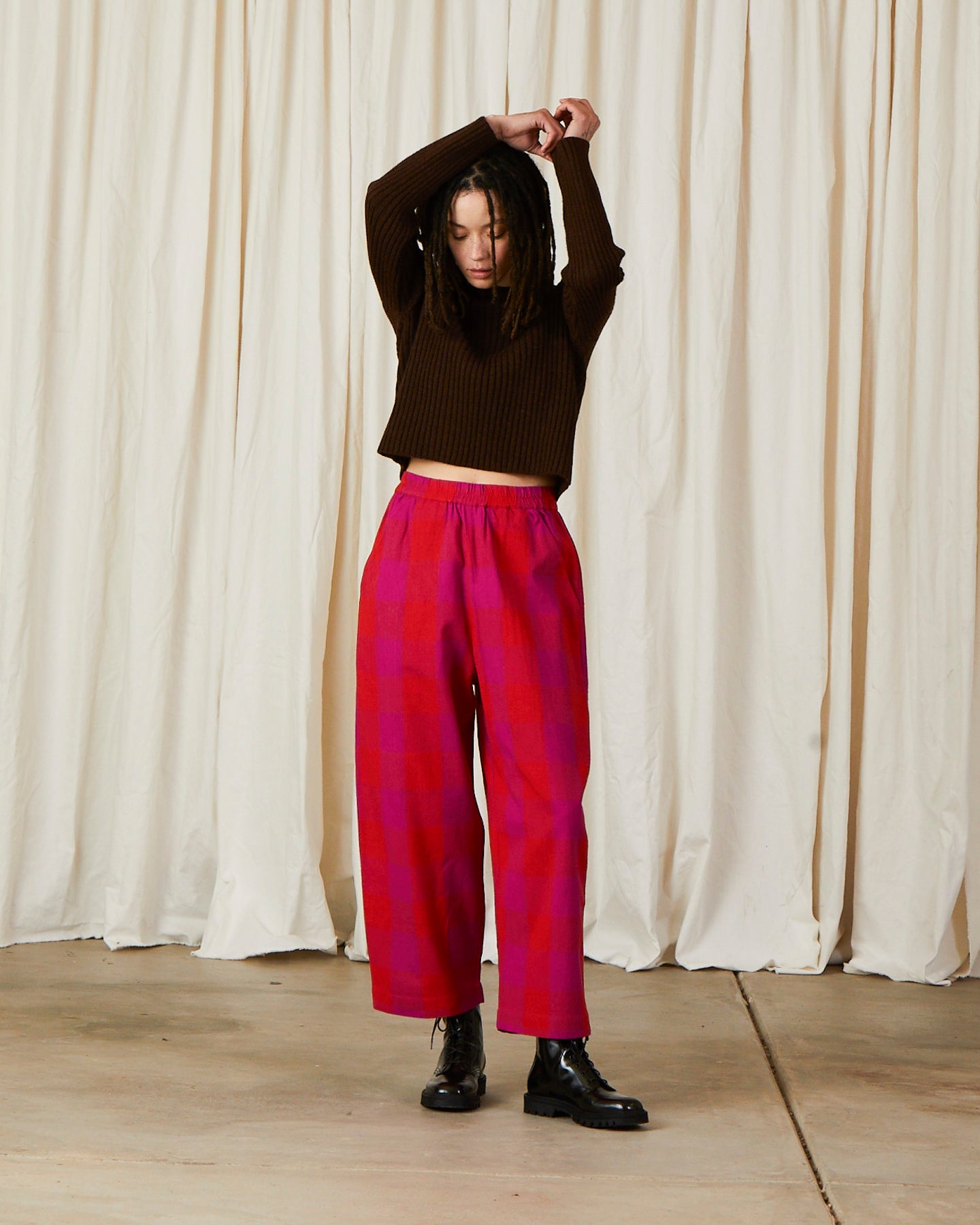 ELASTIC PANT - POPPY/PINK PLAID