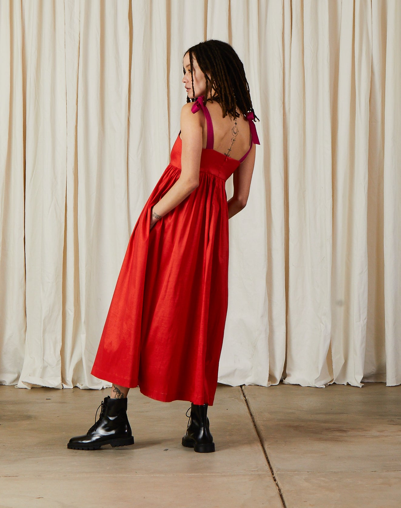 TIE STRAP DRESS - BLACK TAFFETA