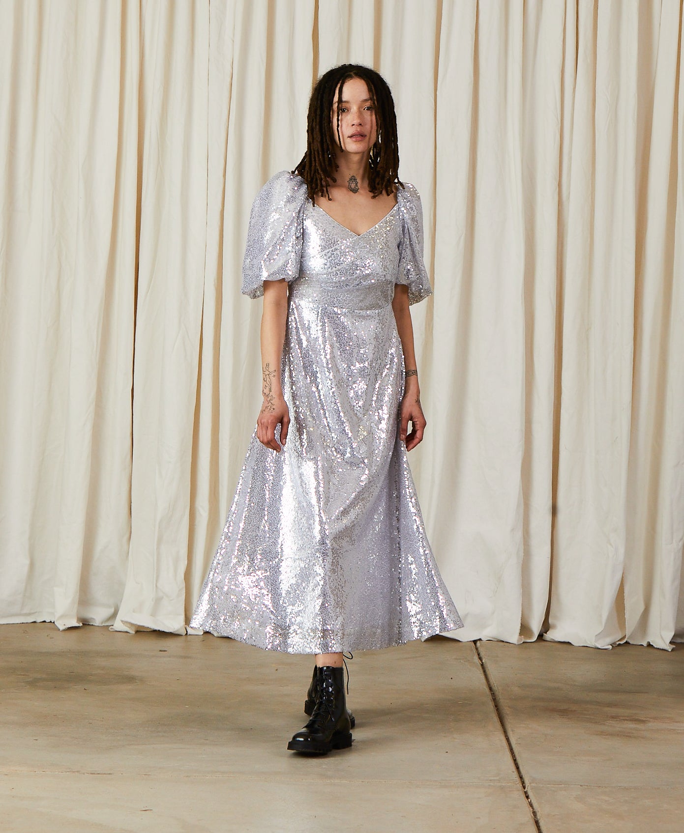 SAMPLE - CROSS FRONT DRESS - ORCHID SPECKLE TAFFETA