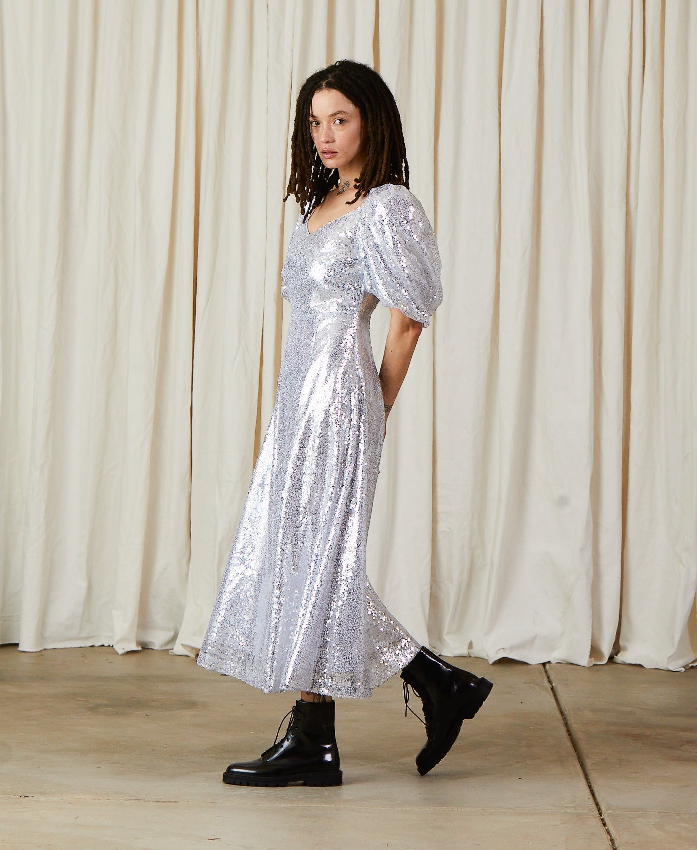 SAMPLE - CROSS FRONT DRESS - PERIWINKLE TAFFETA