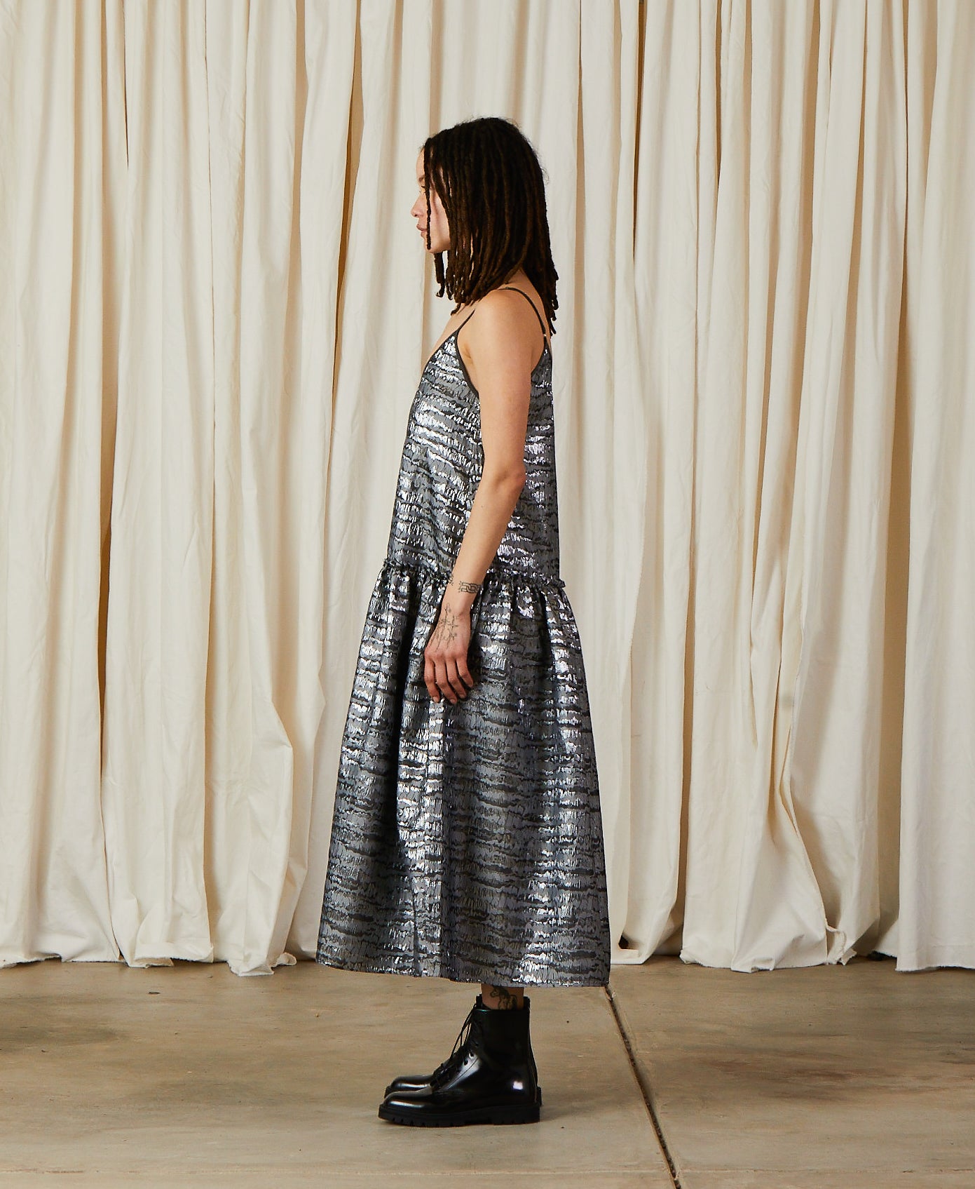 JACQUARD DROP WAIST RUFFLE DRESS - SILVER