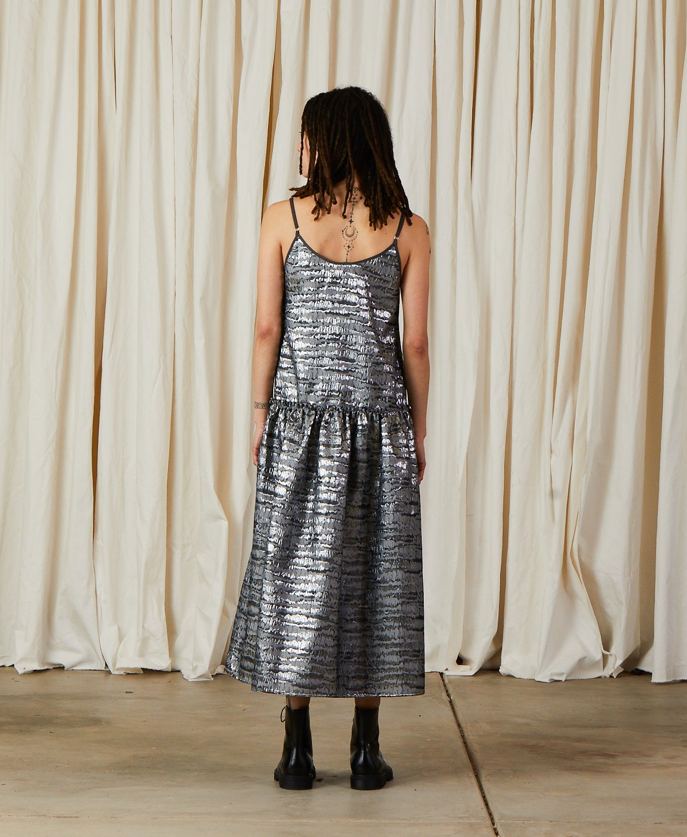 JACQUARD DROP WAIST RUFFLE DRESS - SILVER