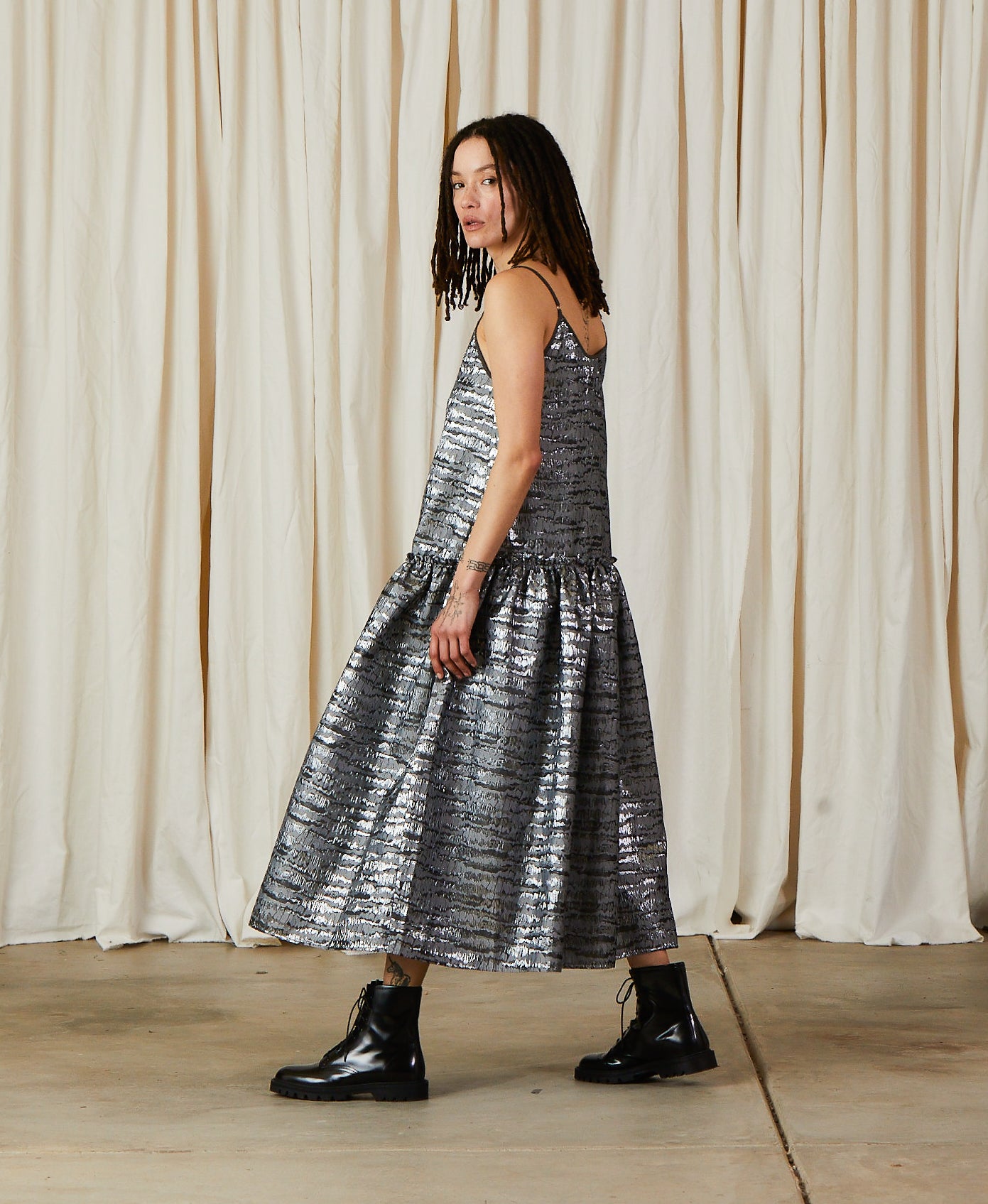 JACQUARD DROP WAIST RUFFLE DRESS - SILVER
