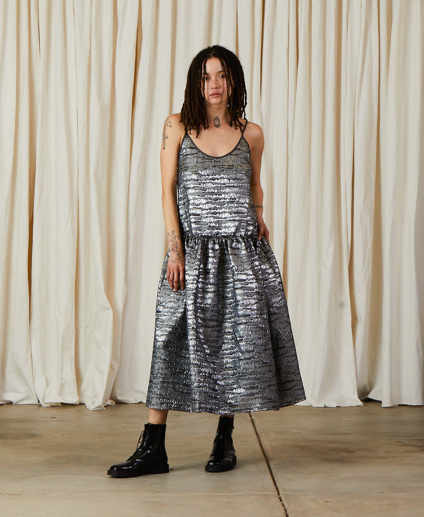 JACQUARD DROP WAIST RUFFLE DRESS - SILVER