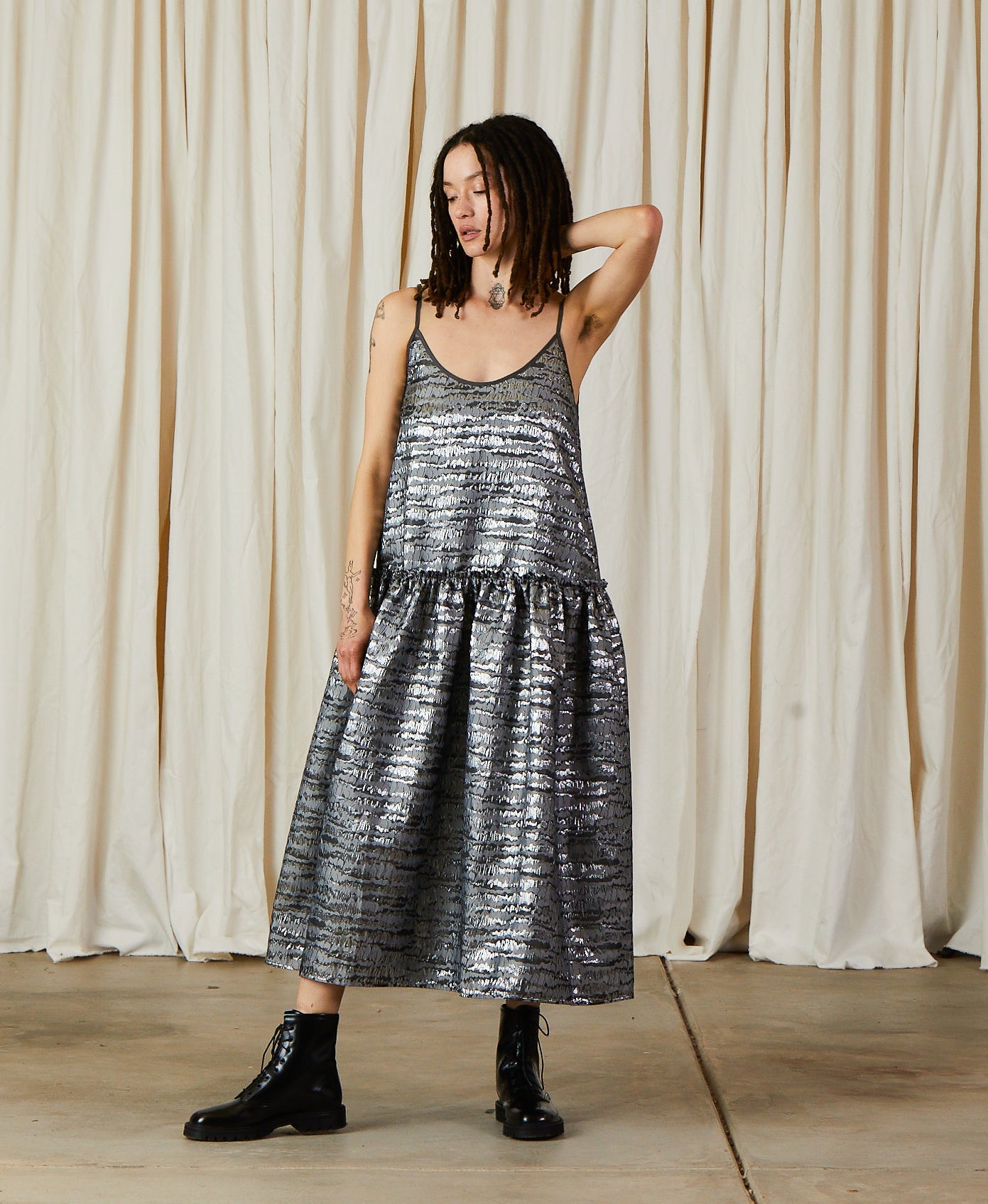 JACQUARD DROP WAIST RUFFLE DRESS - SILVER
