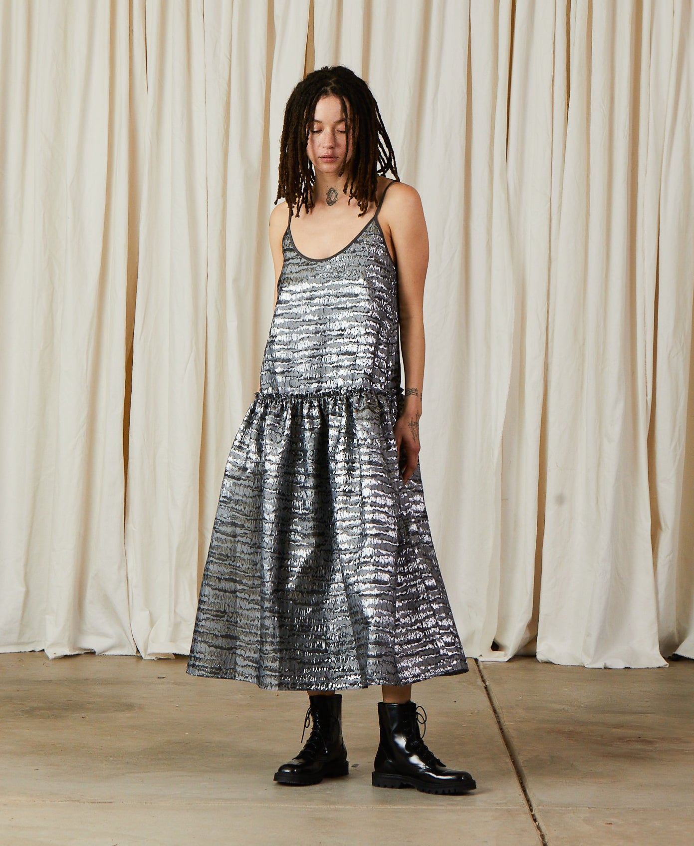 JACQUARD DROP WAIST RUFFLE DRESS - SILVER