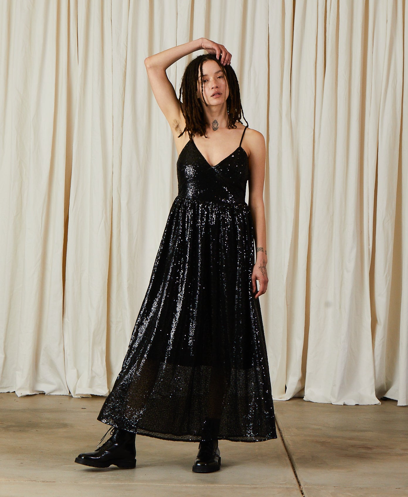TIE BACK MAXI DRESS - BLACK SEQUINS