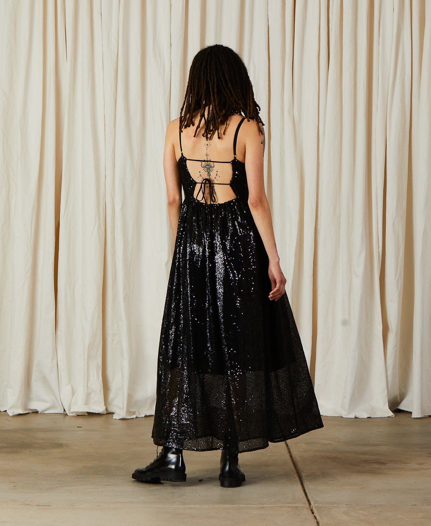 TIE BACK MAXI DRESS - BLACK SEQUINS