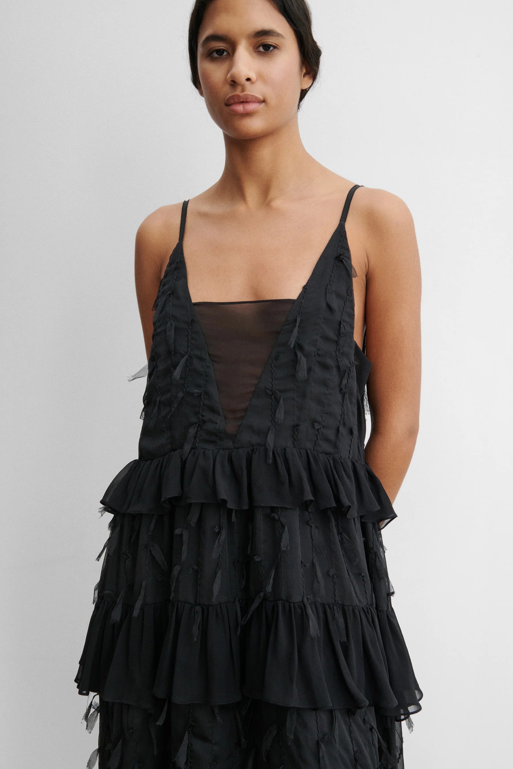 CORBIN DRESS - BLACK FEATHERED CHIFFON