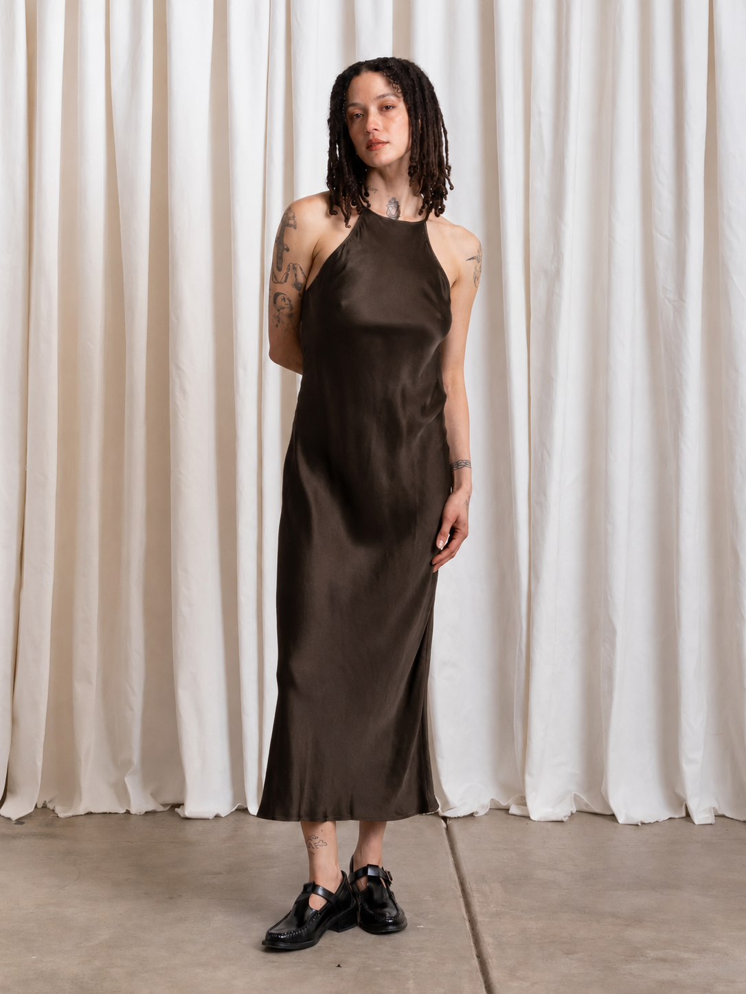 HIGH NECK BIAS DRESS - DARK TAUPE