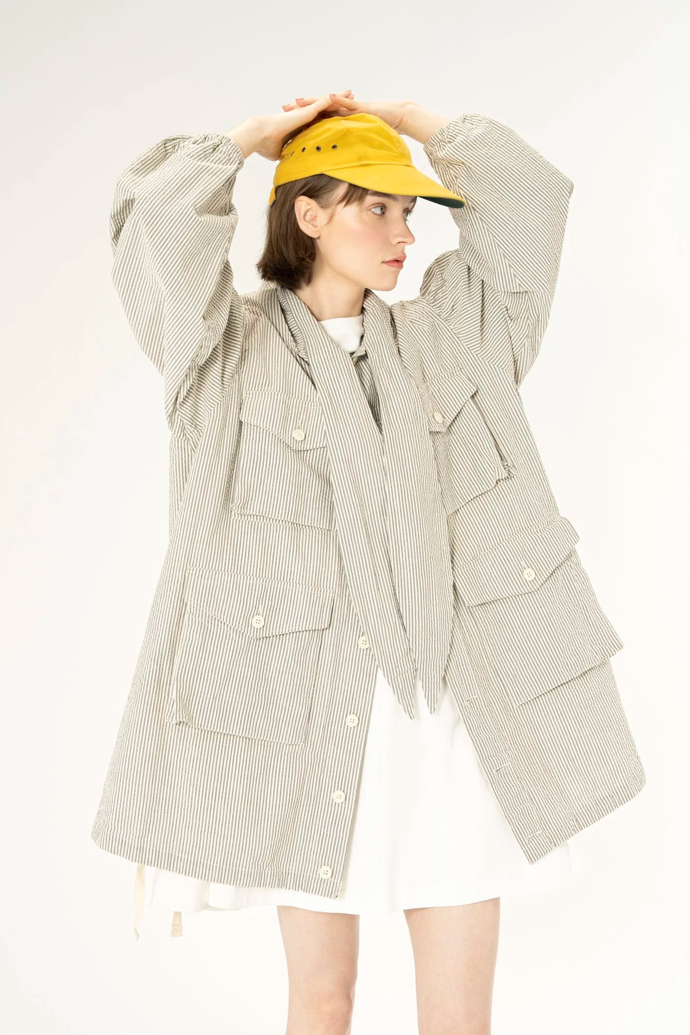 HOODED FIELD DRESS - NAVY/NATURAL SEERSUCKER
