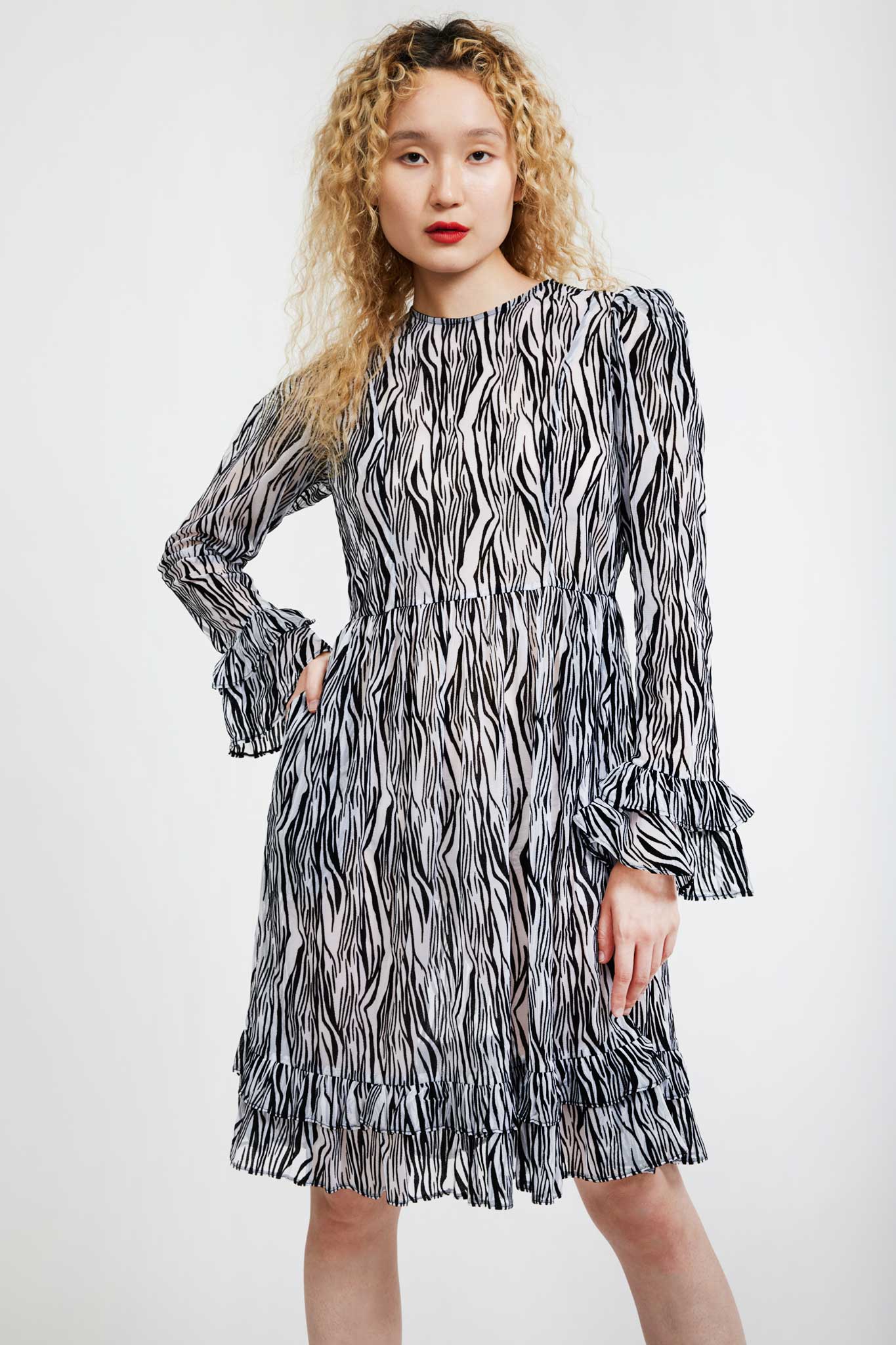 COLLARLESS PRAIRIE DRESS - FLOCKED ZEBRA