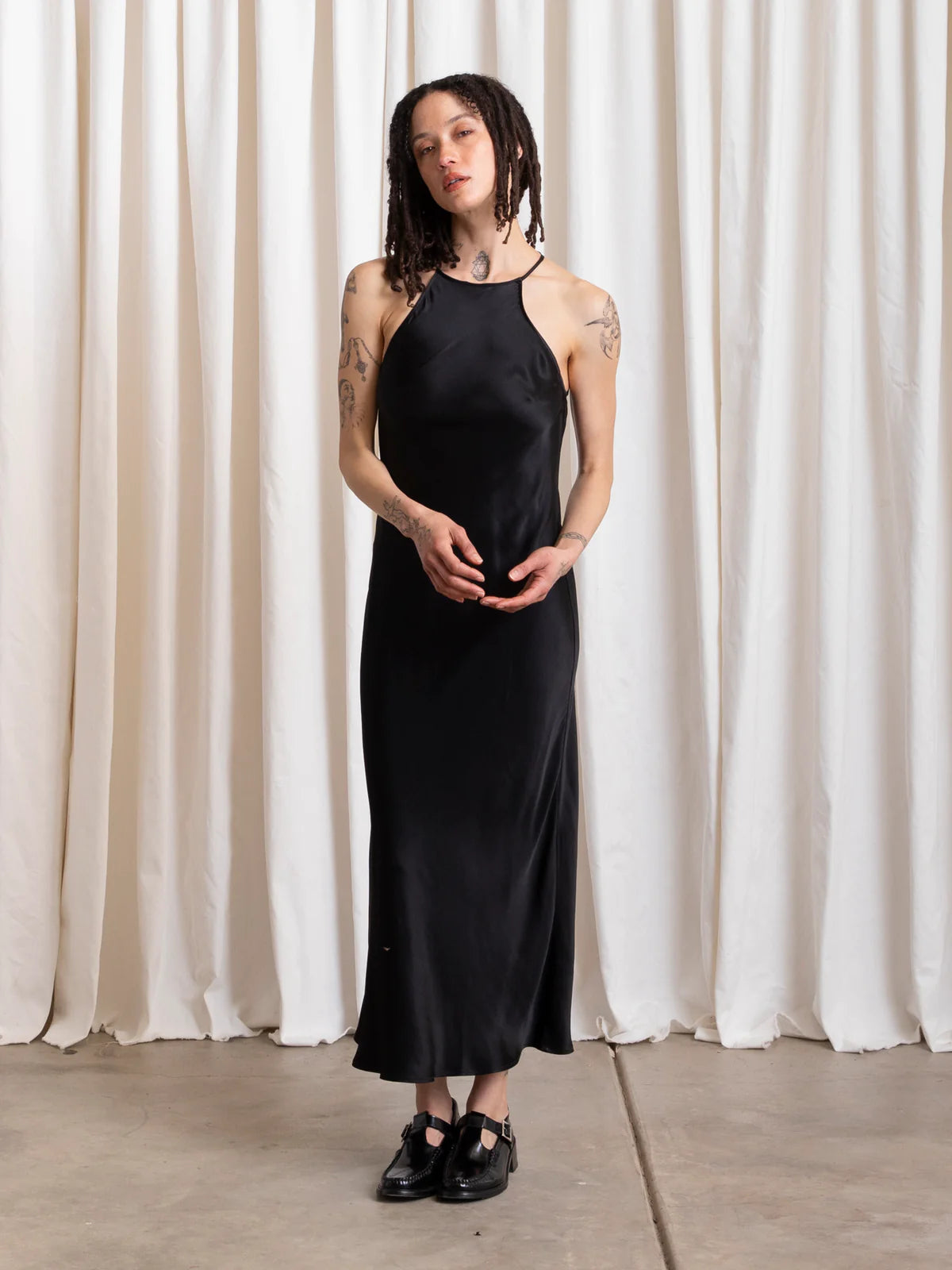 SAMPLE - HIGH NECK BIAS DRESS - SUEDED BLACK