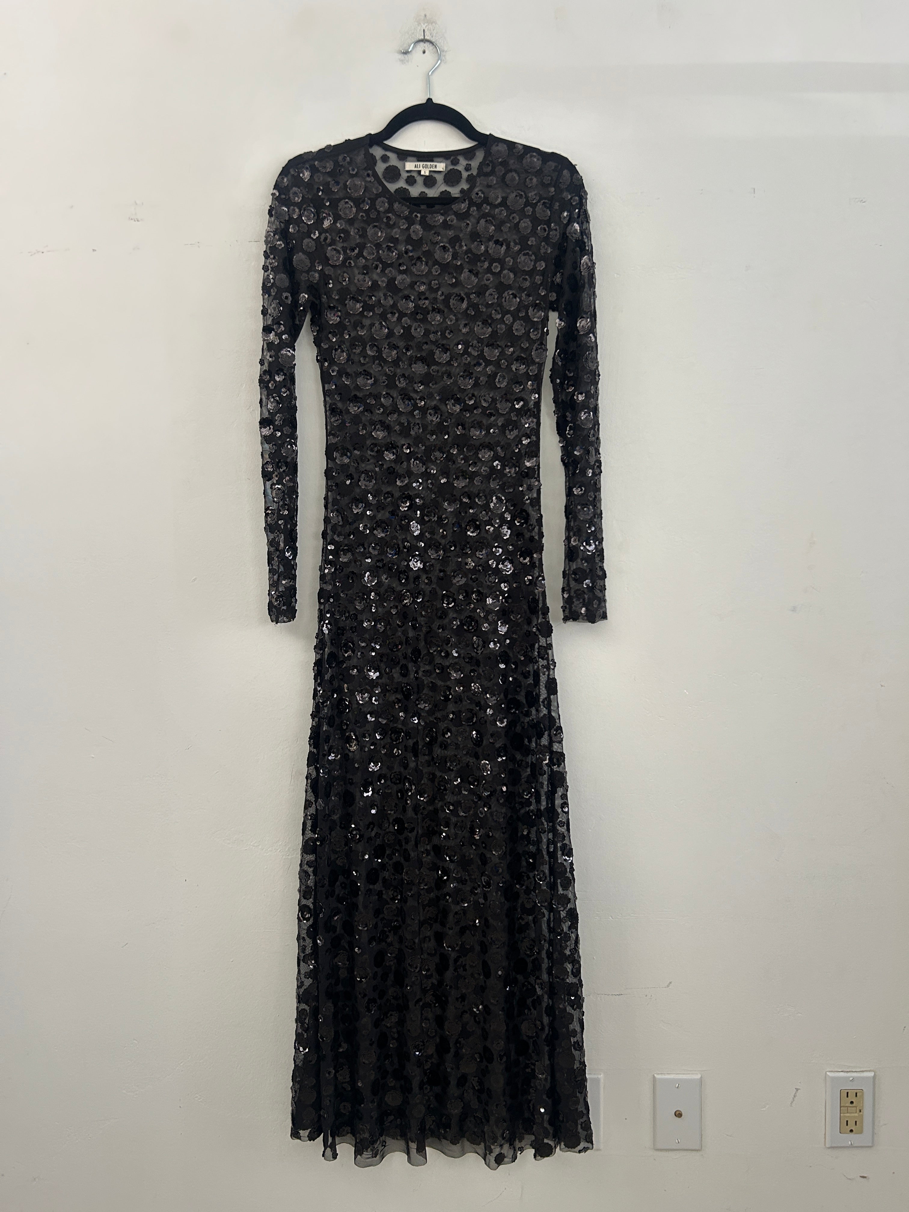 SAMPLE - FITTED LS DRESS - BLACK FLOWER SEQUINS