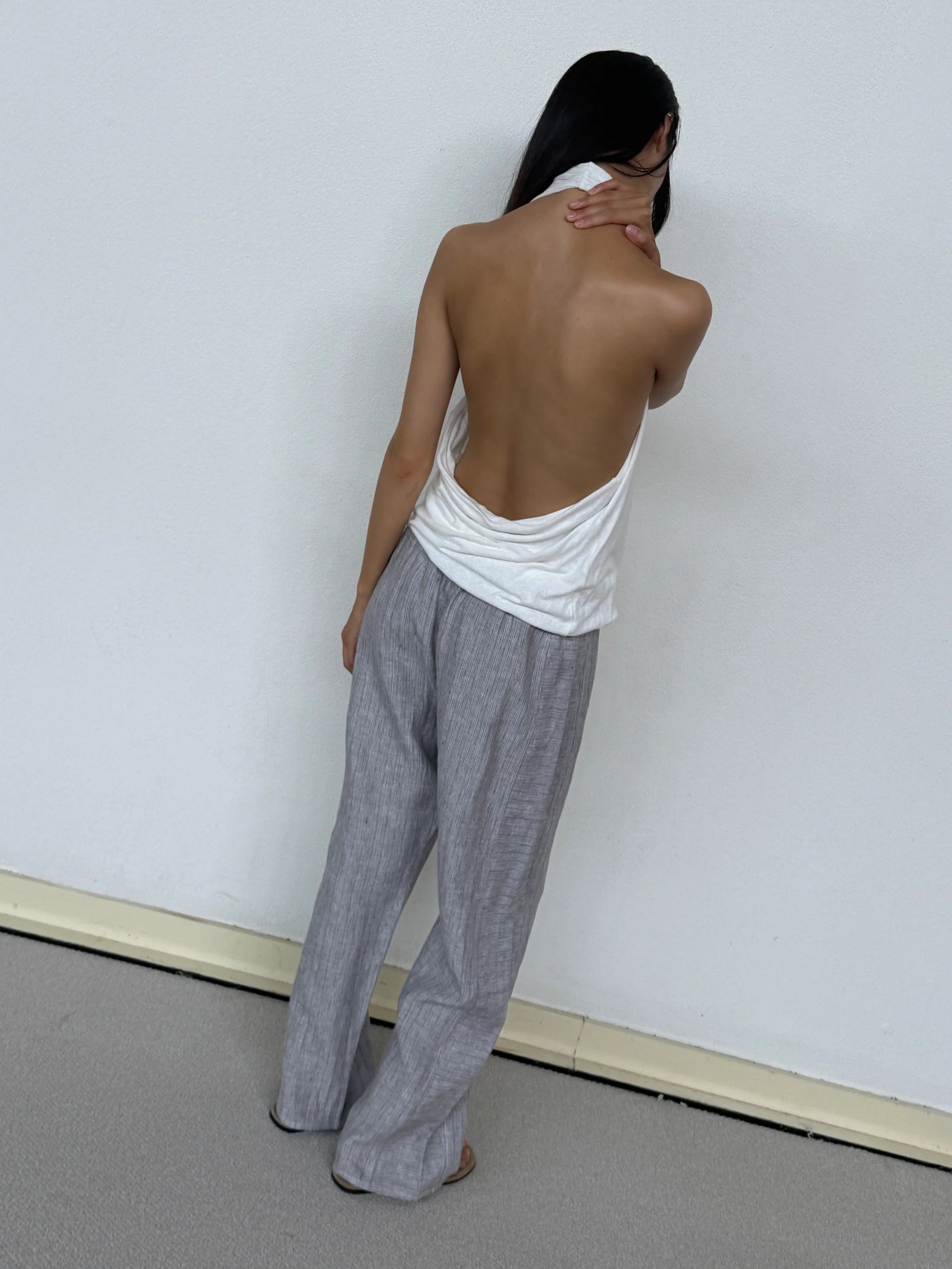 DOUBLE WAIST LINEN PANT - HAZE BLUE
