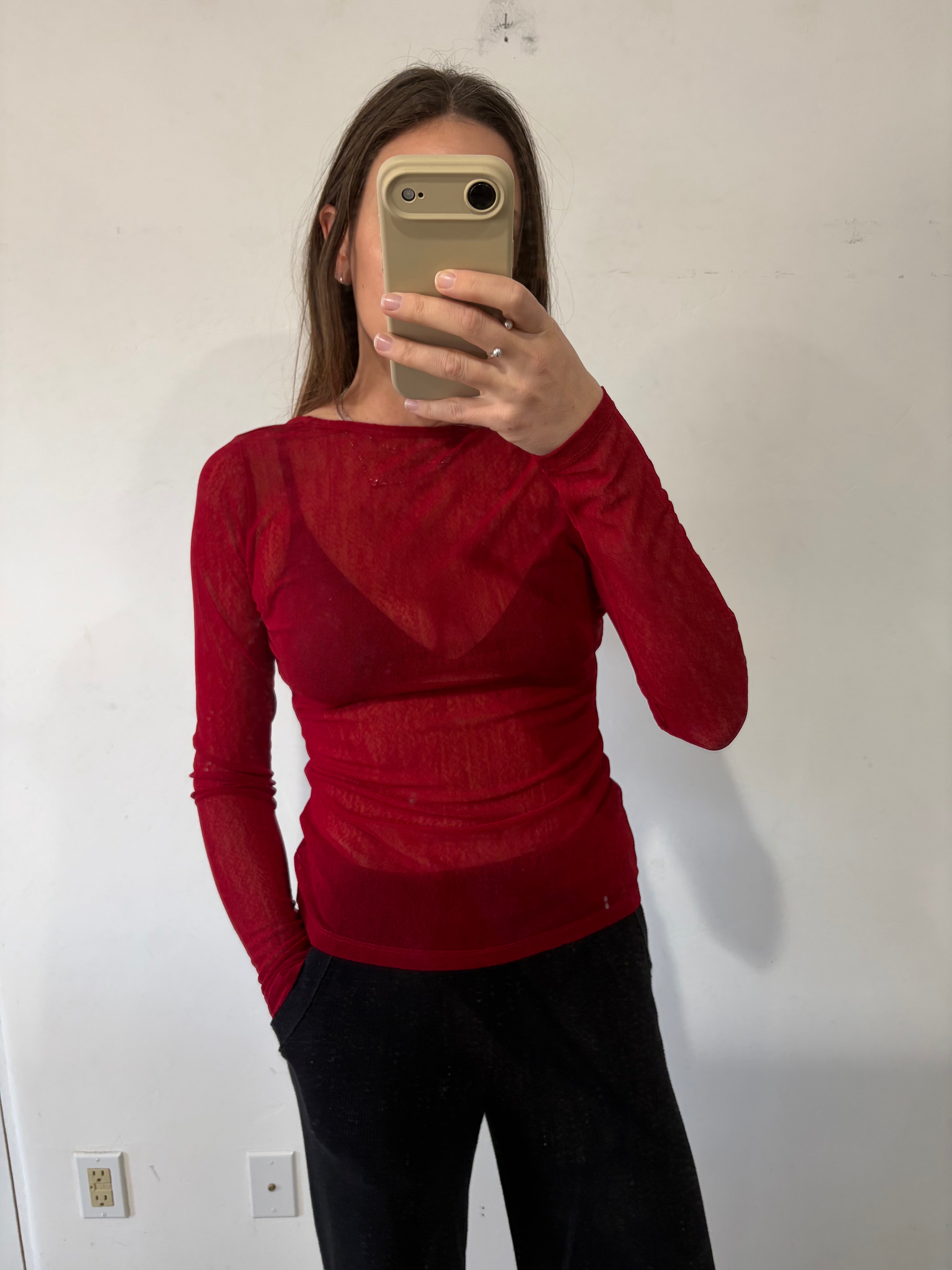 SAMPLE - LS SCOOP BACK MESH TOP - CRIMSON