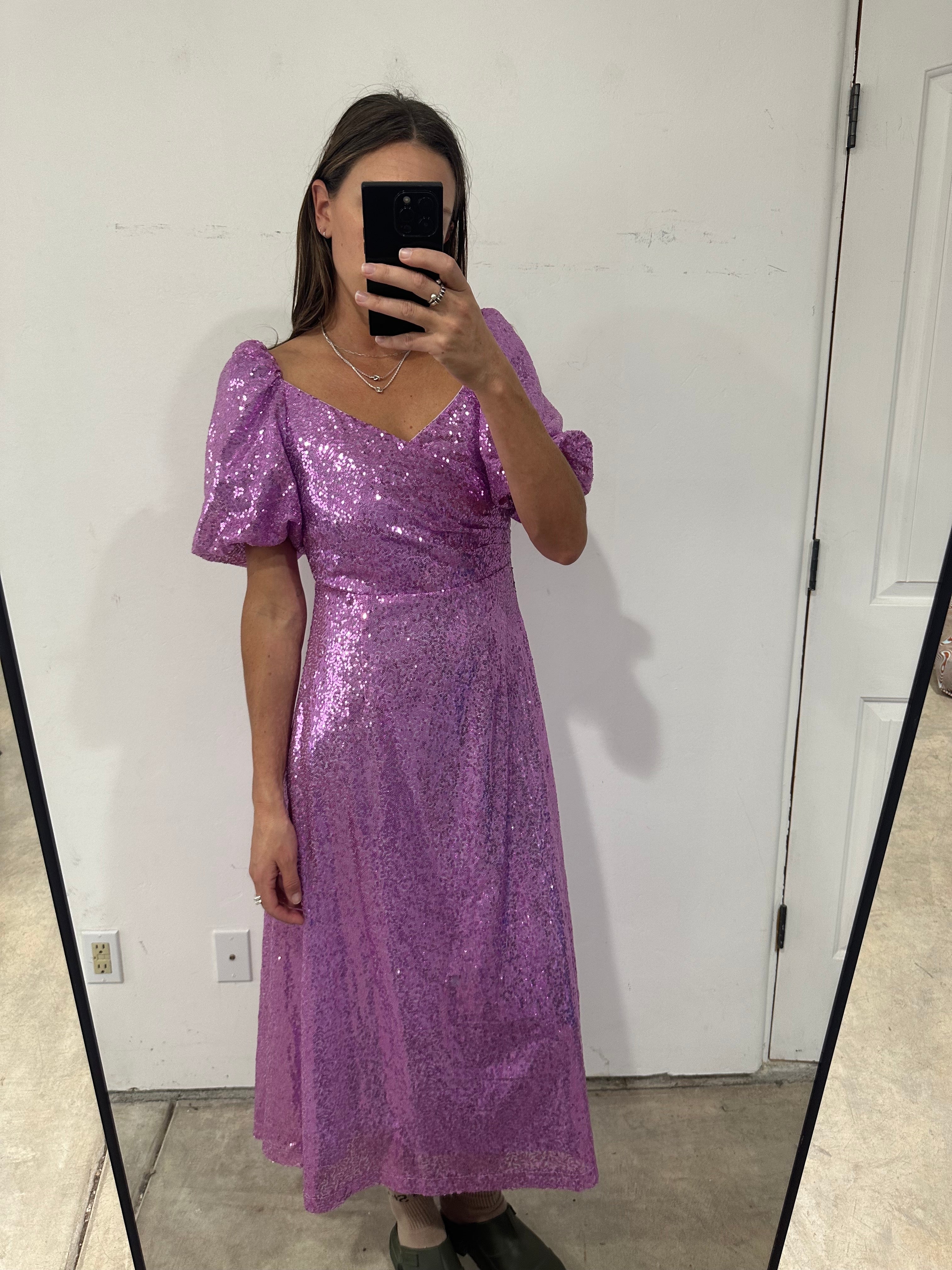 SAMPLE - CROSS FRONT DRESS - LILAC SEQUINS