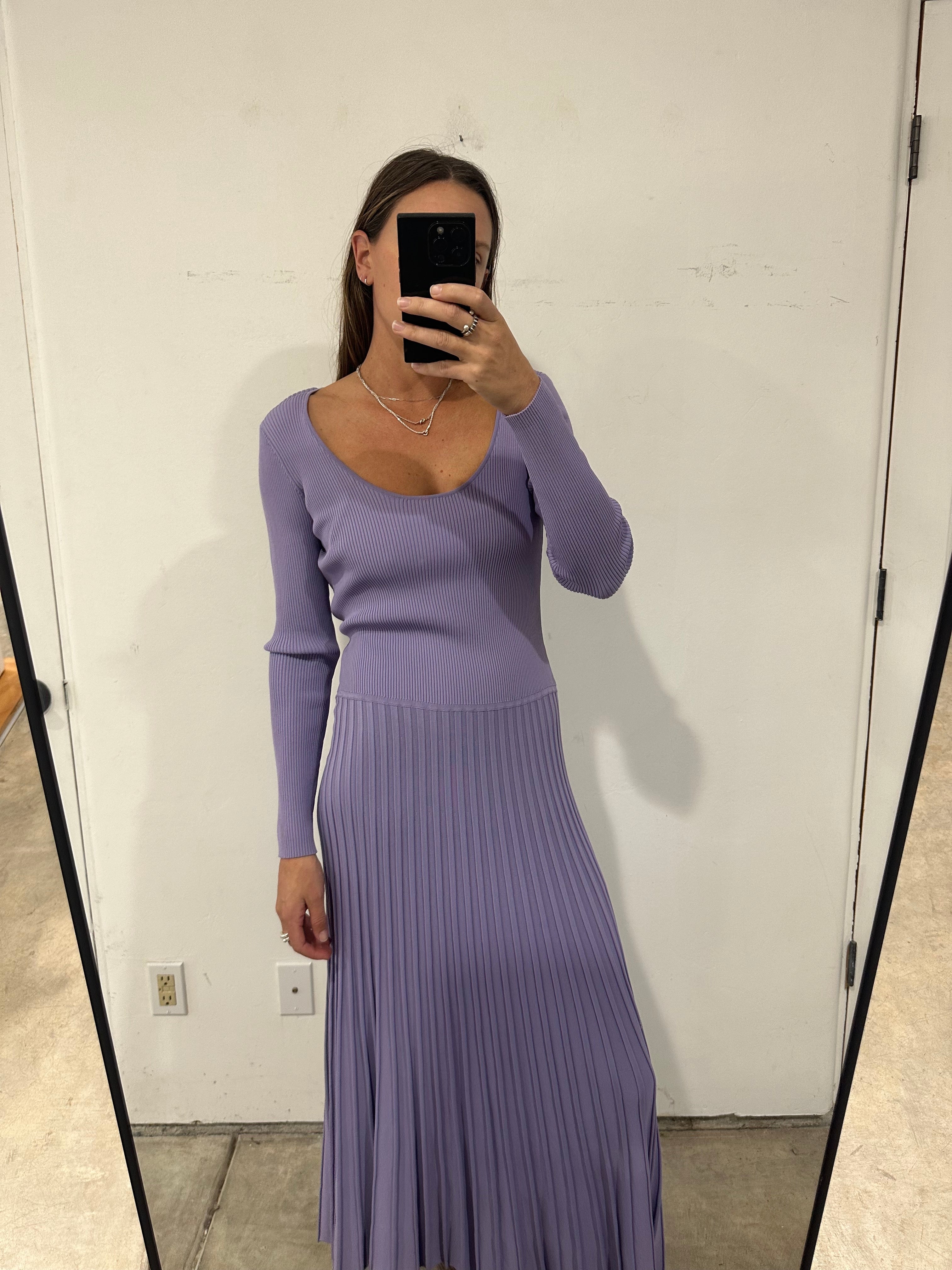 SAMPLE - DROP WAIST LS KNIT PLEATED DRESS - LILAC