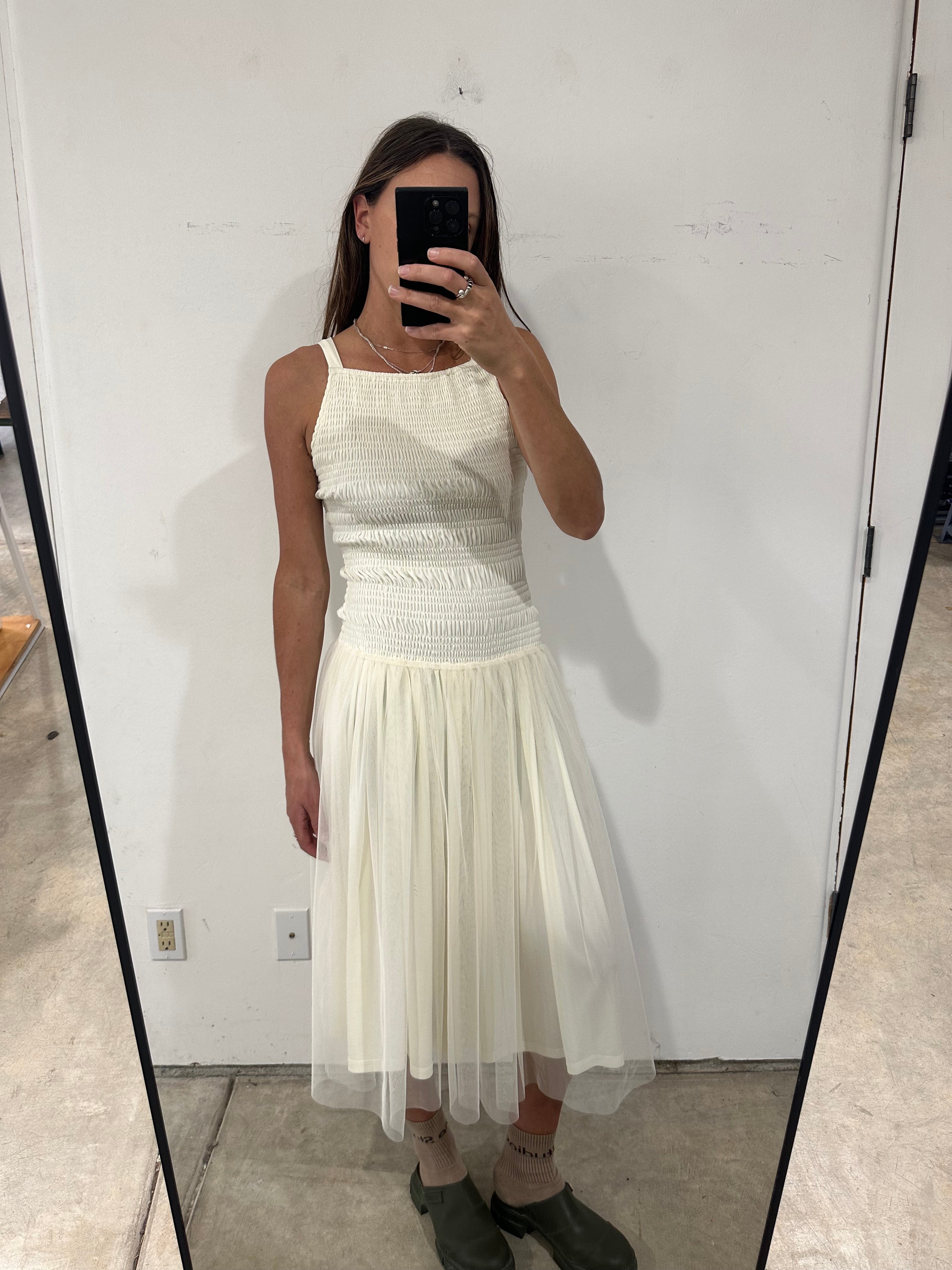 SAMPLE - DROP WAIST SMOCKED MESH DRESS - BUTTER