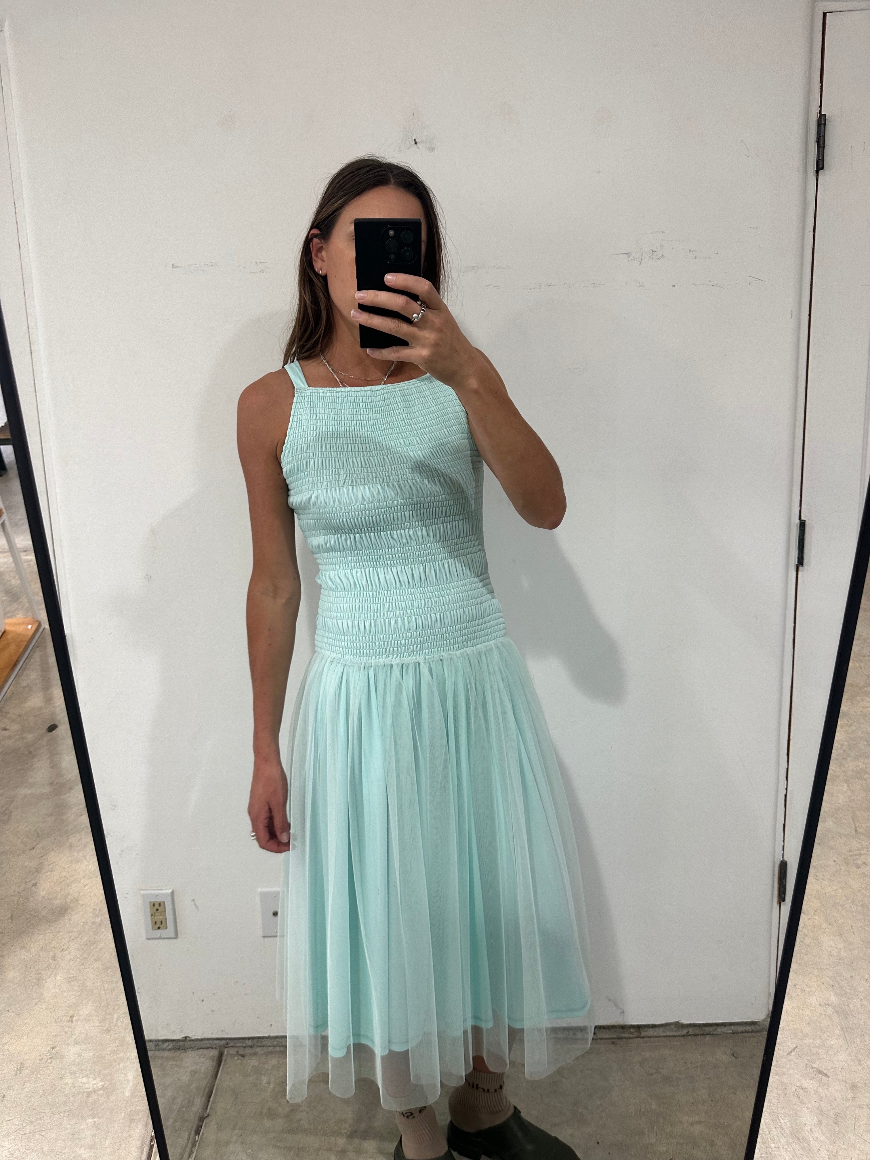 SAMPLE - DROP WAIST SMOCKED MESH DRESS - MINT