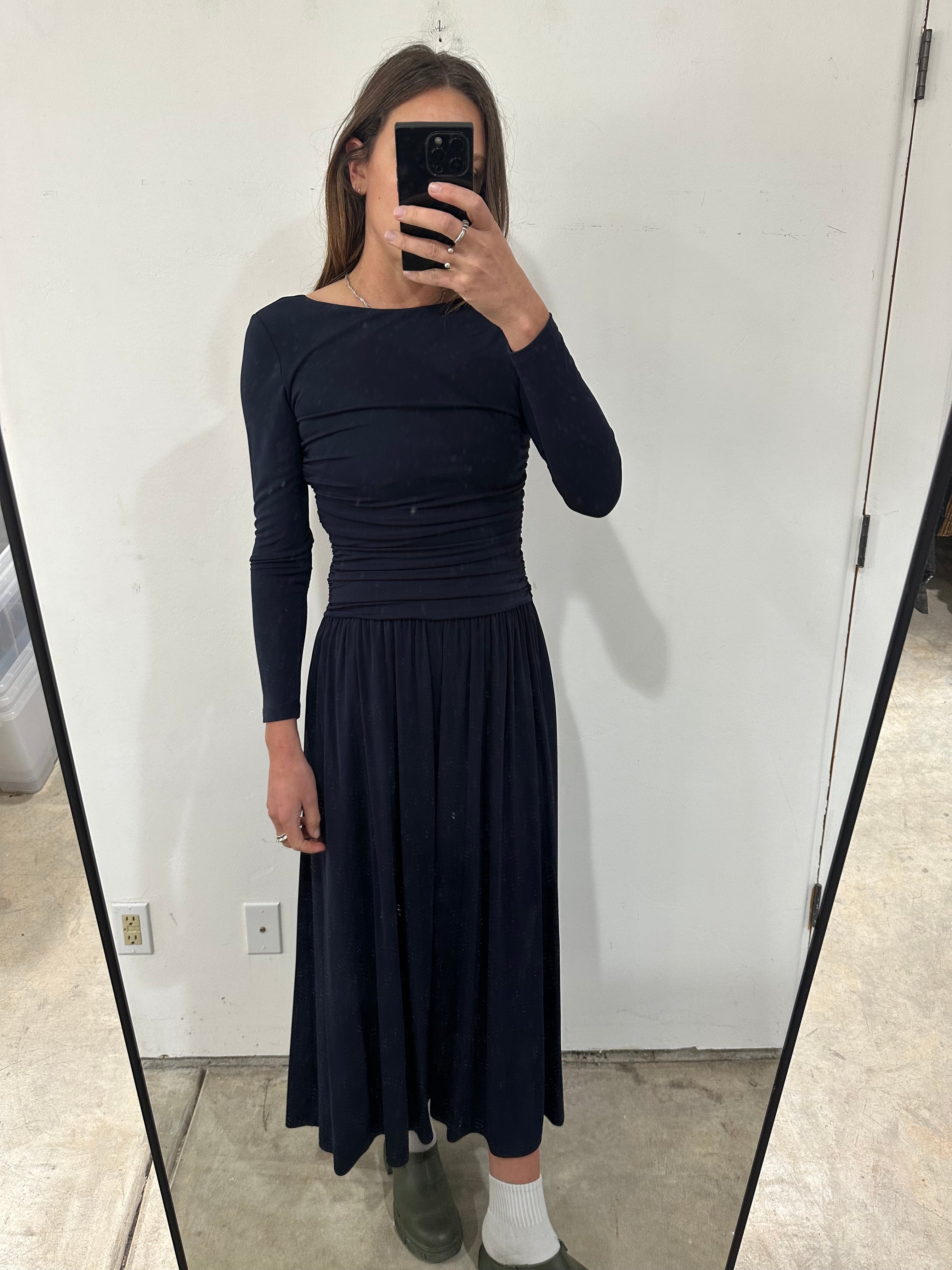 SAMPLE - LS GATHER WAIST DRESS - NAVY