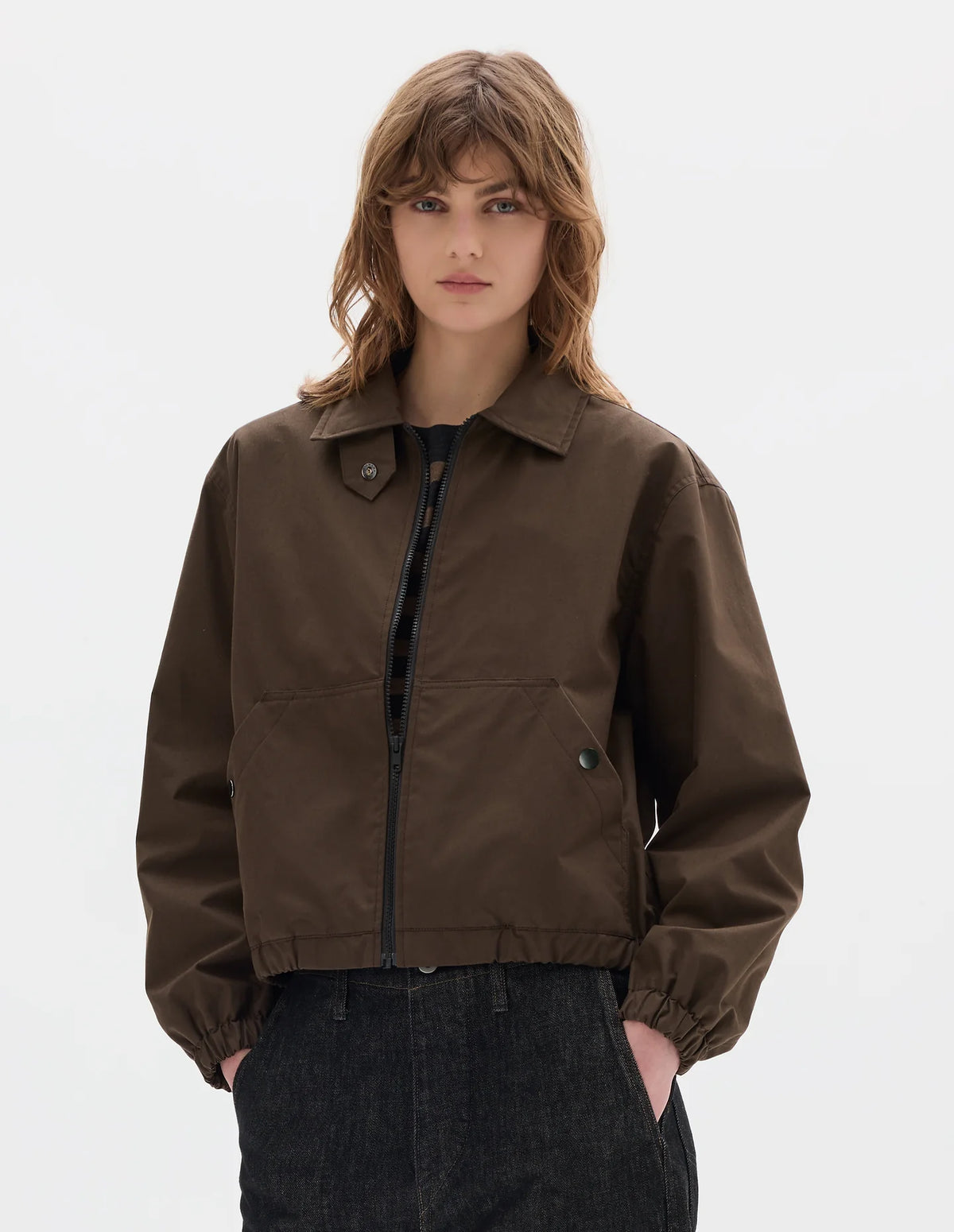 ZIP THROUGH JACKET WASHED COTTON CANVAS - COCOA