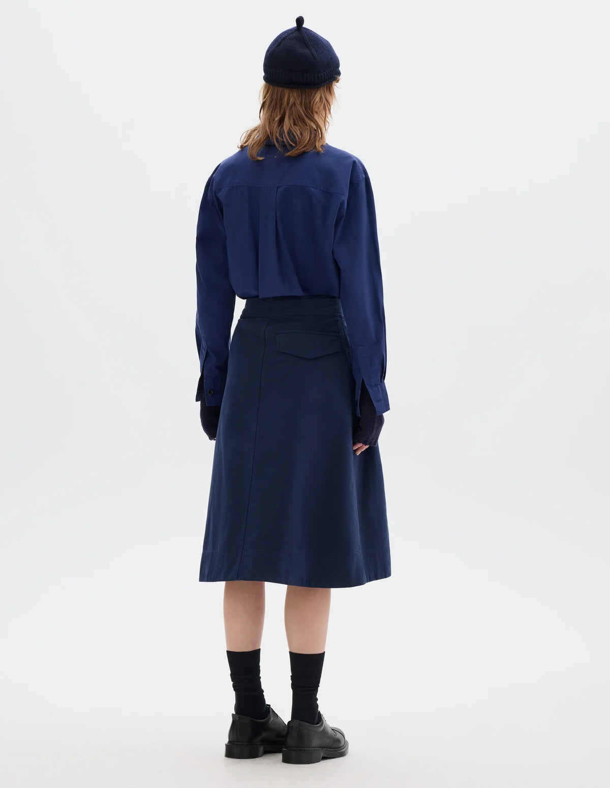 DOUBLE PLEAT SKIRT YARN DYE COTTON DRILL - INDIGO BLUE