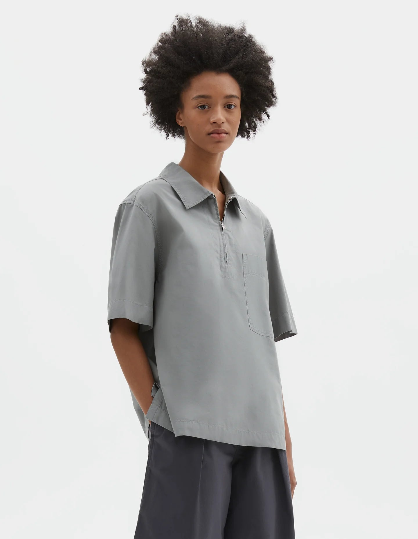 COTTON HALF ZIP SHIRT - FOG
