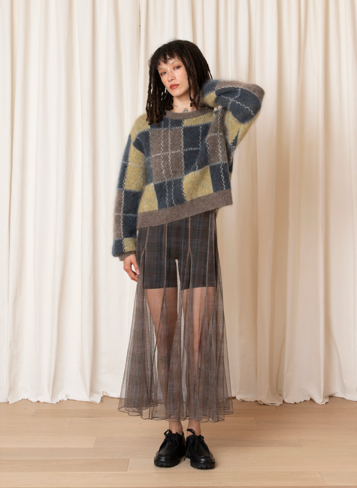 SAMPLE - BOXY PLAID SWEATER - CHARTREUSE/NAVY PLAID