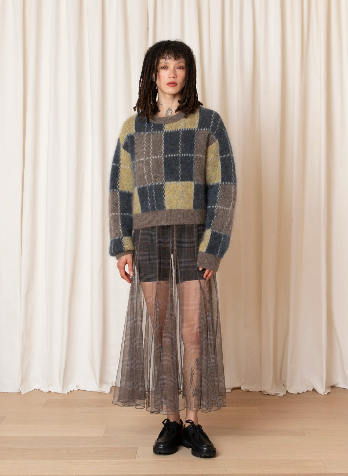 SAMPLE - BOXY PLAID SWEATER - CHARTREUSE/NAVY PLAID