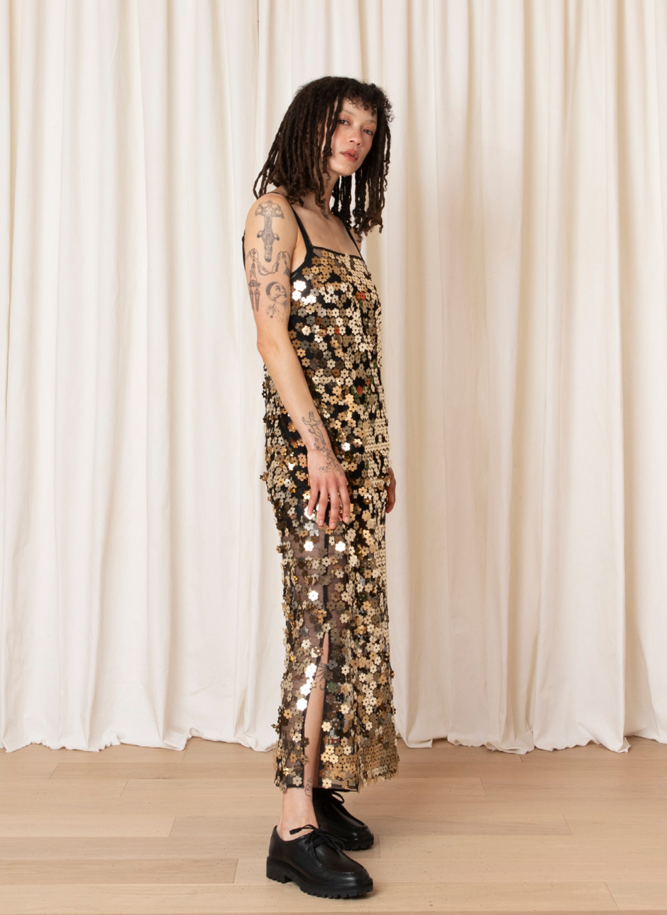 SAMPLE - SQUARE NECK SLIP DRESS - GOLD FLOWER SEQUIN
