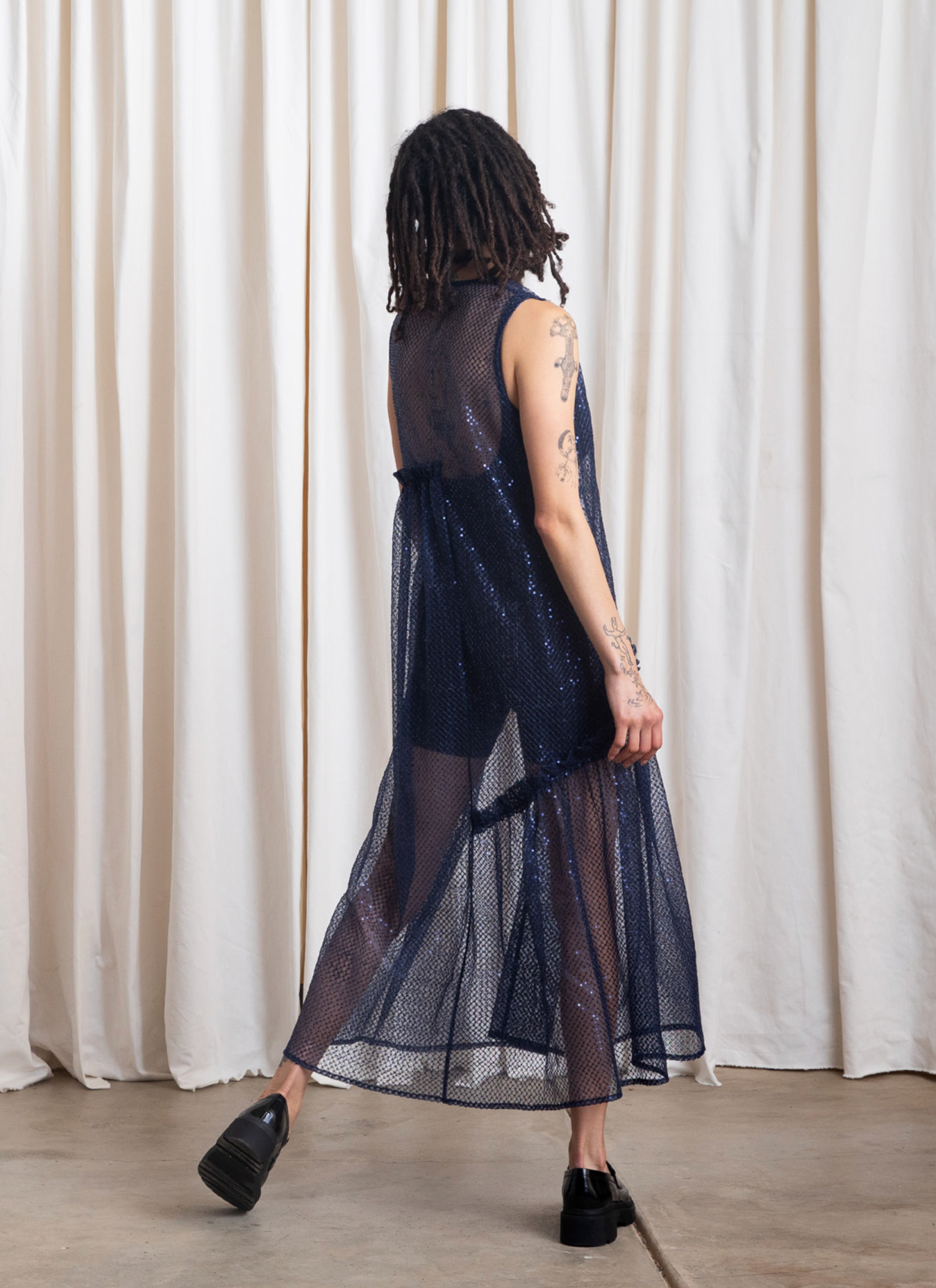 SAMPLE - NEW V-NECK DRESS W/ RUFFLES - BLUE/BLUE SEQUINS