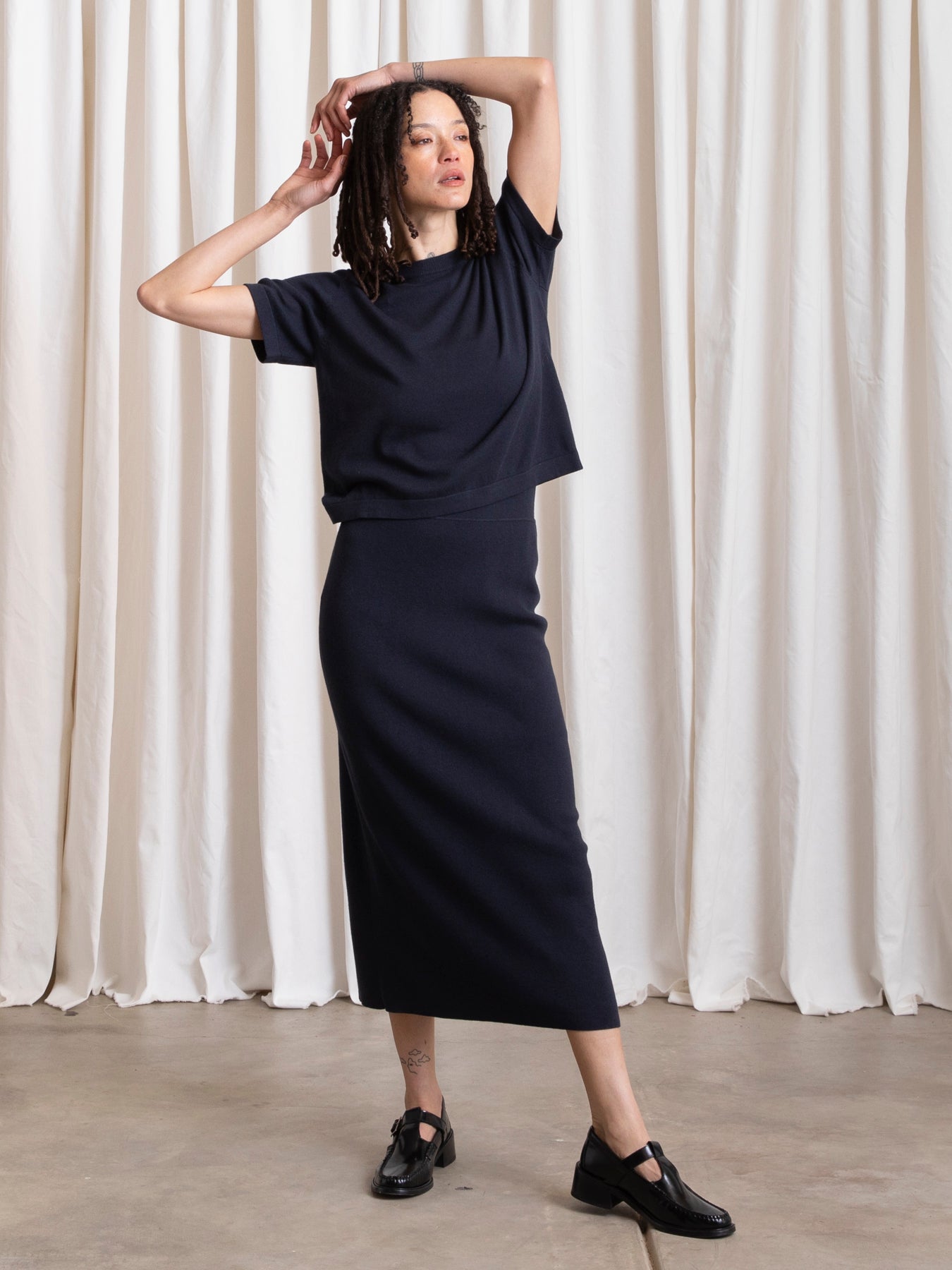 KNIT PENCIL MIDI SKIRT - DEEP NAVY