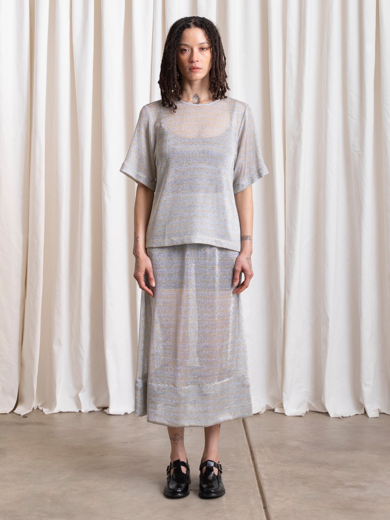 METALLIC WOVEN T-SHIRT - SILVER