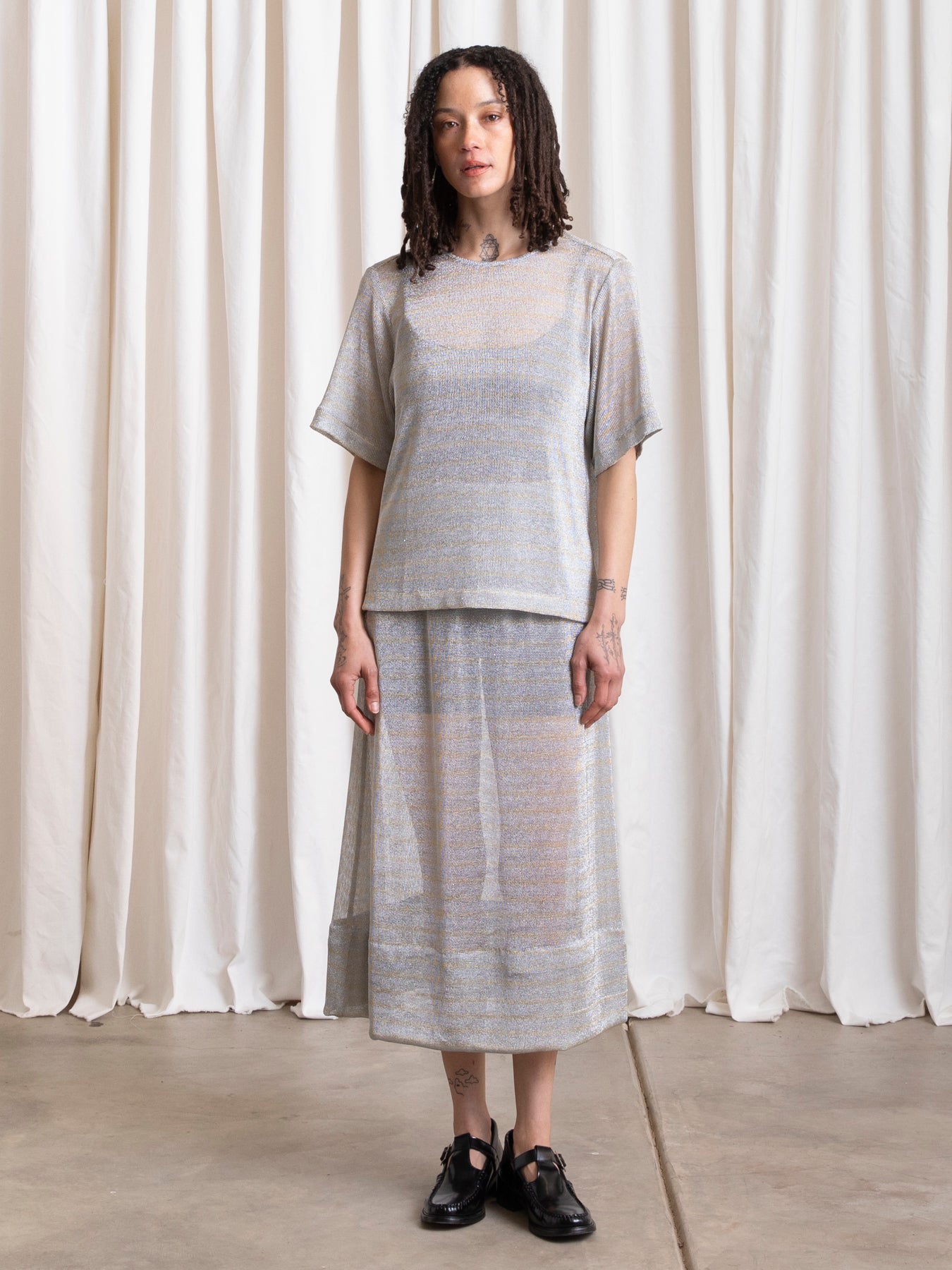METALLIC WOVEN T-SHIRT - SILVER