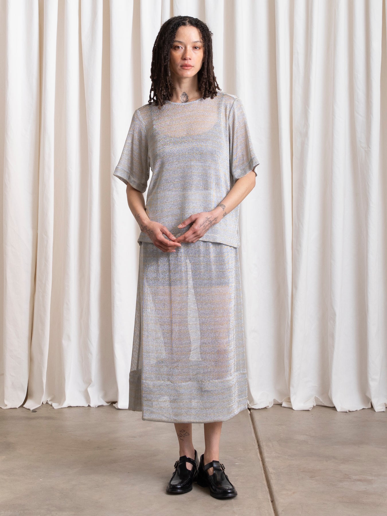 METALLIC WOVEN T-SHIRT - SILVER