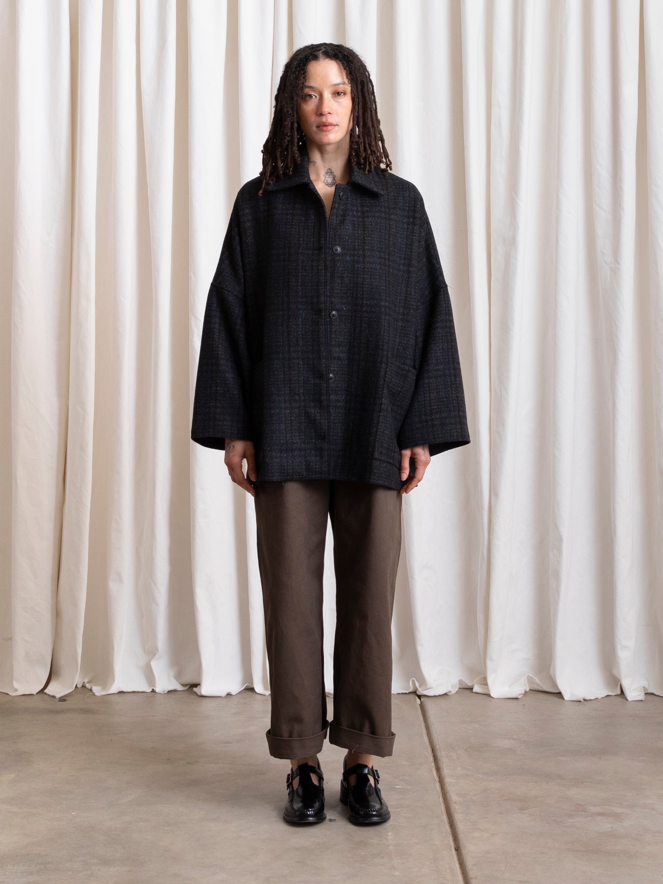 OVERSIZED WOOL SHIRT JACKET - BLUE/GREY PLAID