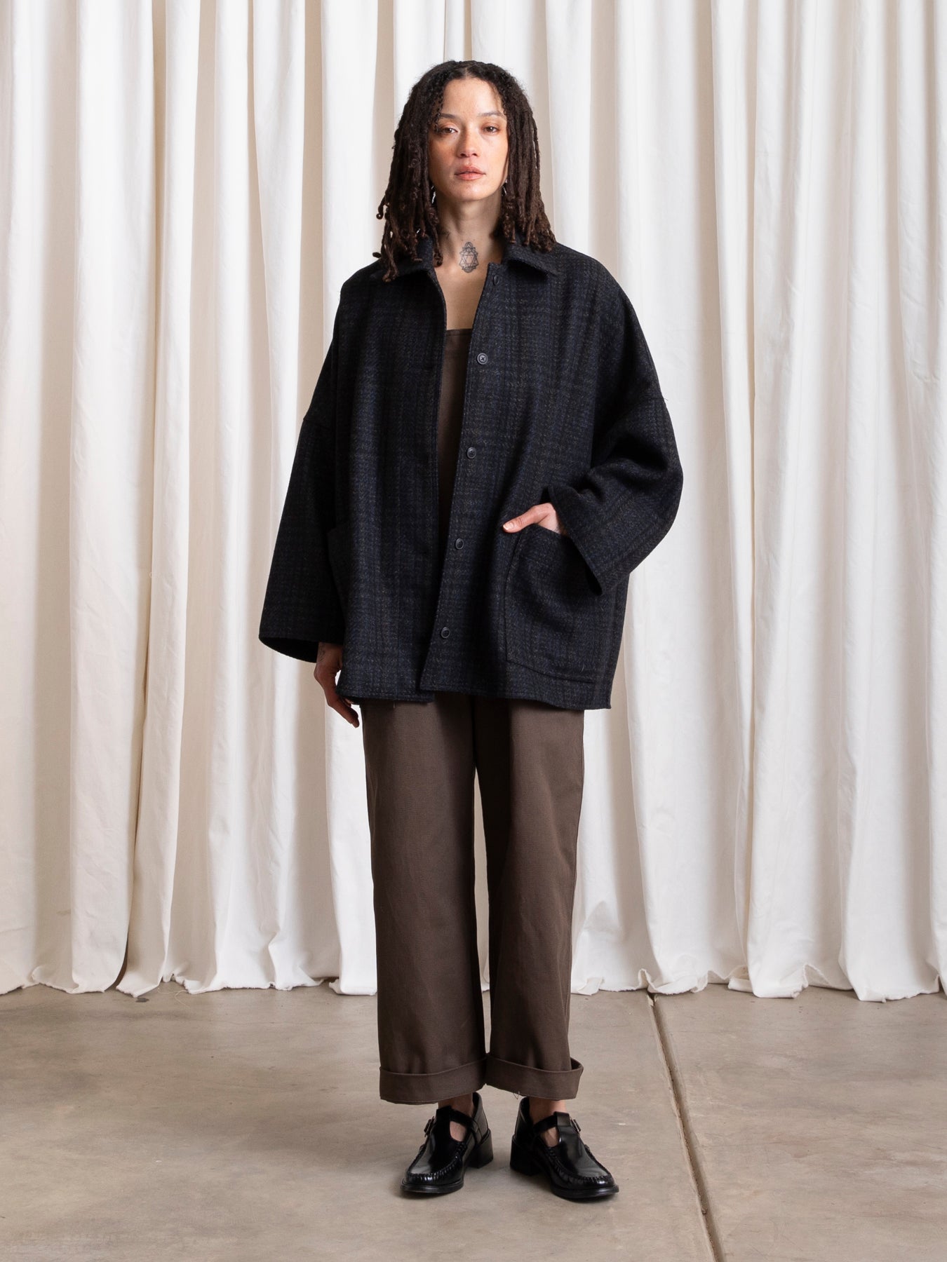 OVERSIZED WOOL SHIRT JACKET - BLUE/GREY PLAID