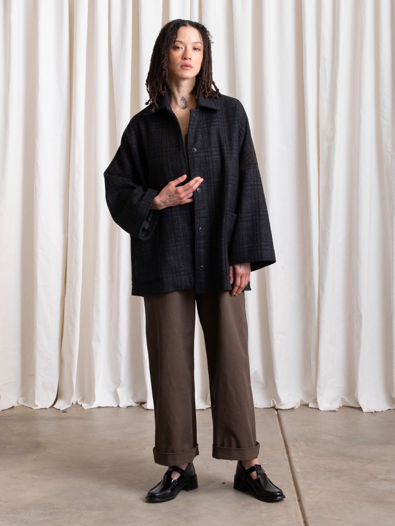 OVERSIZED WOOL SHIRT JACKET - BLUE/GREY PLAID