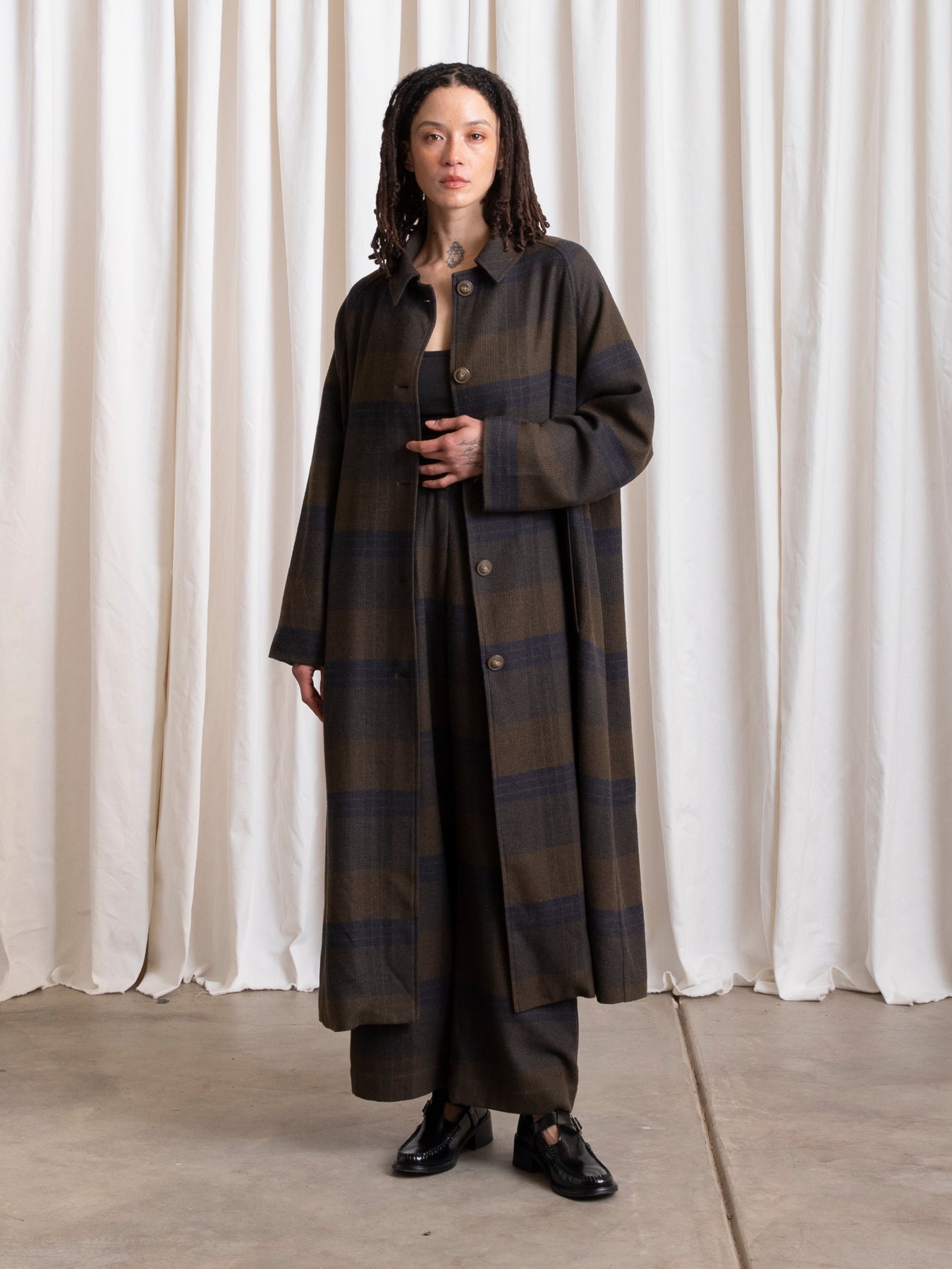 NEW PLAID TRENCH - OLIVE/NAVY PLAID