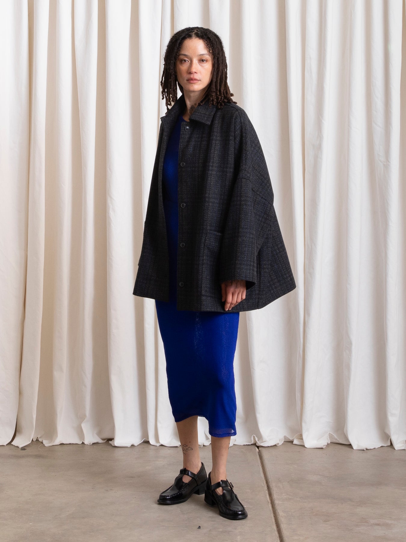 OVERSIZED WOOL SHIRT JACKET - BLUE/GREY PLAID